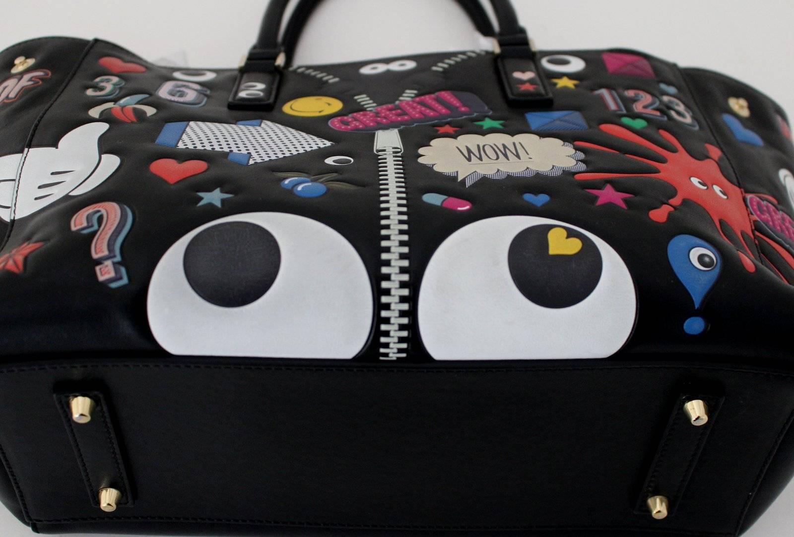 Anya Hindmarch Black Leather Allover Sticker Tote- Ebury Circus In Excellent Condition In New York City & Hamptons, NY