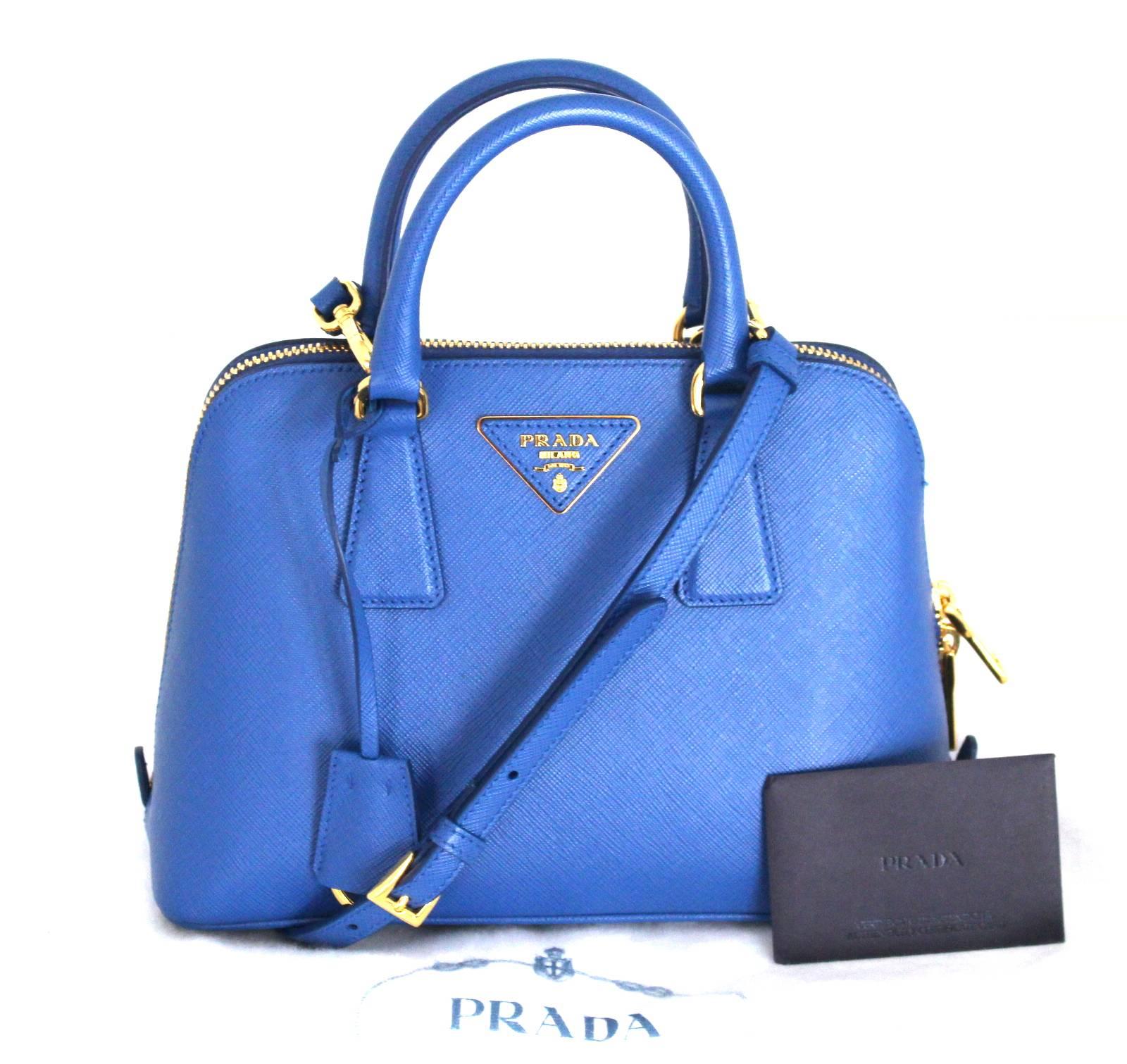 Prada Cobalt Azzuro Saffiano Promenade Bag- Mini In Excellent Condition In New York City & Hamptons, NY