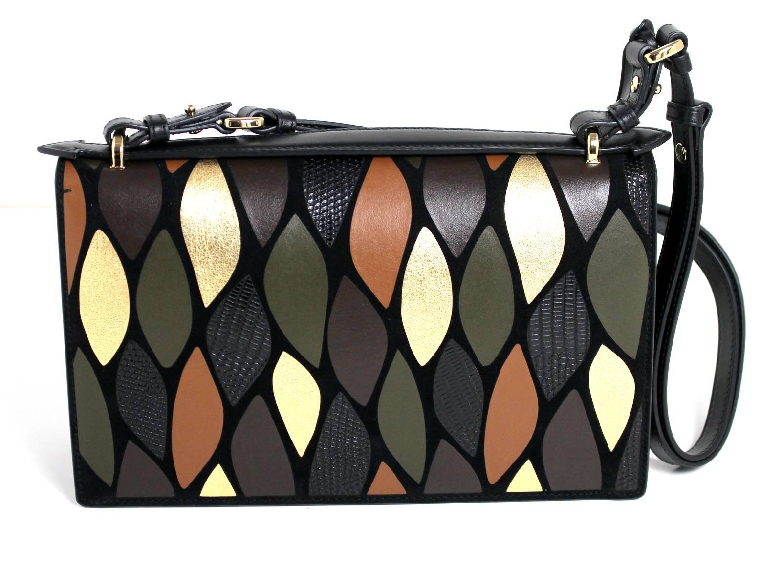Salvatore Ferragamo Flap Bag Fall 2016- Retail $2,250.00
Multicolored and textured leaf mosaic. New; just released.  
Structured black leather flap bag is covered in a pretty leaf shaped mosaic.  Metallic gold, olive green, and shades of brown in