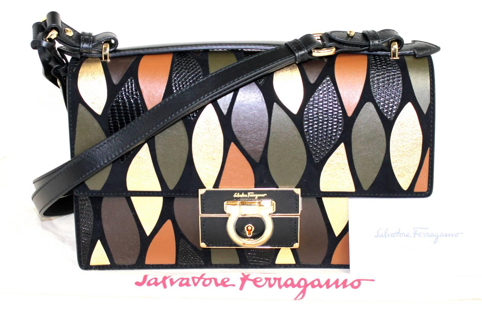 Salvatore Ferragamo Black Leather Leaf Motif Flap Bag- Fall 2016 For Sale 4