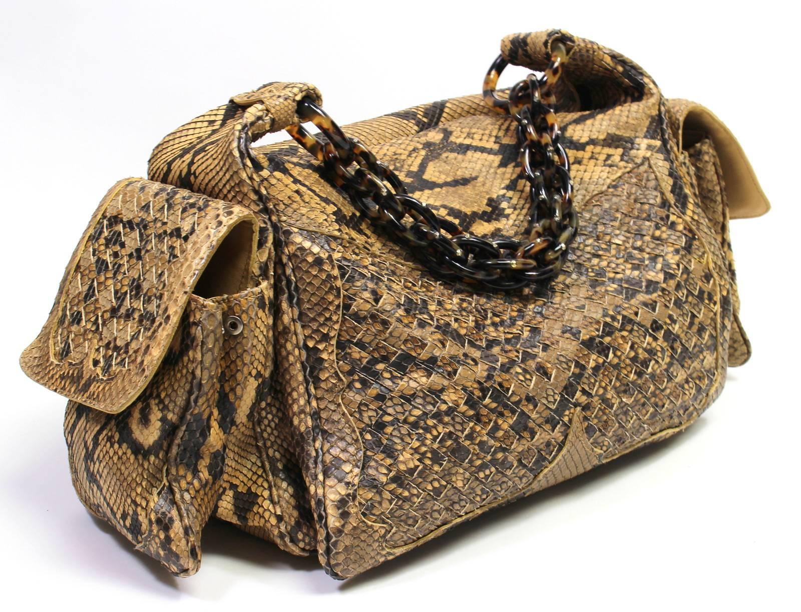 Bottega Veneta Brown Python Crocker Bag In Excellent Condition For Sale In New York City & Hamptons, NY