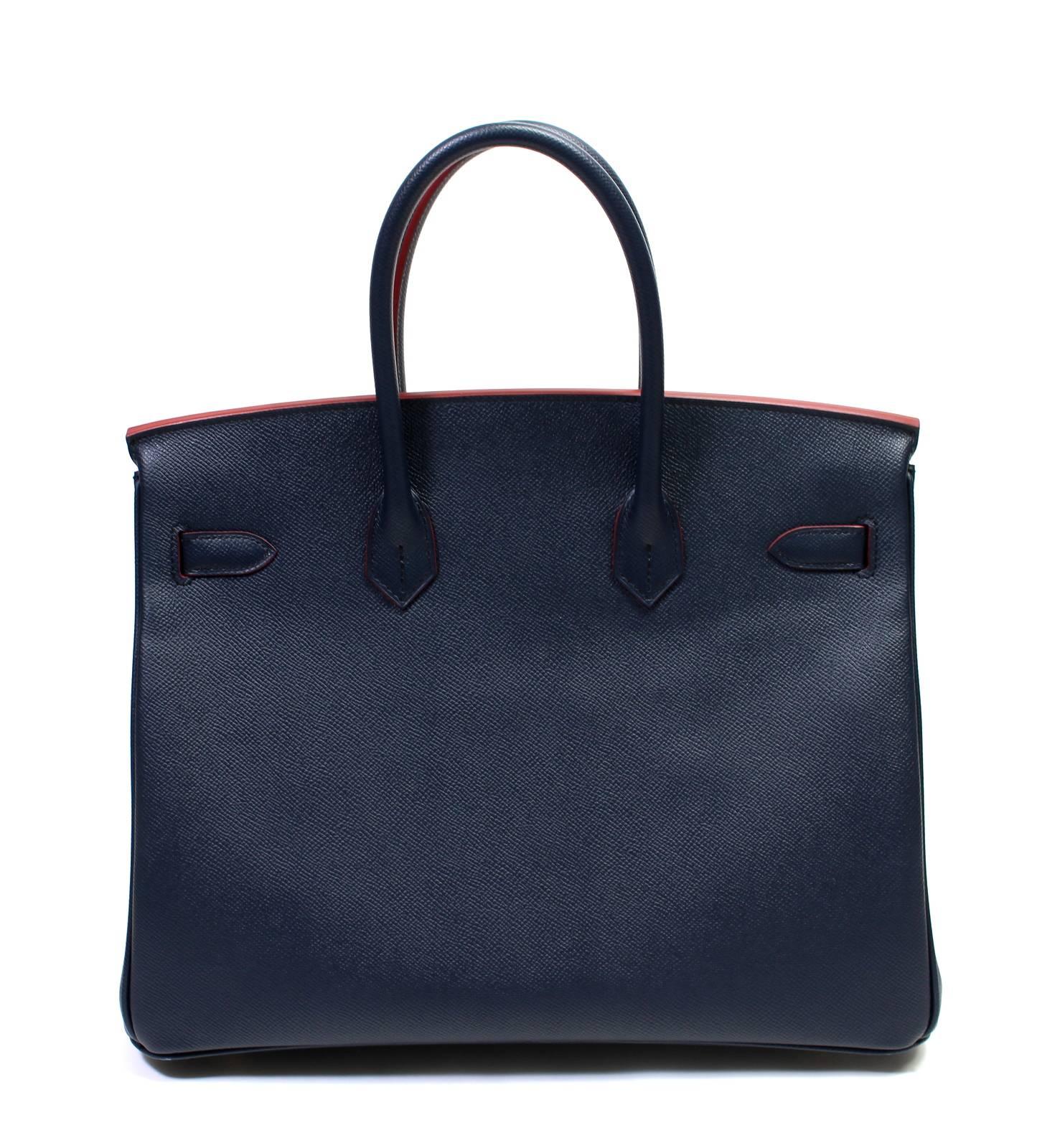 Hermès Bleu Indigo and Rouge H Epsom 35 cm Contour Birkin Bag- RARE Limited Style.  Store Fresh; Pristine with  plastic intact on the hardware.     Hermès bags are considered the ultimate luxury item the world over.  Hand stitched by skilled
