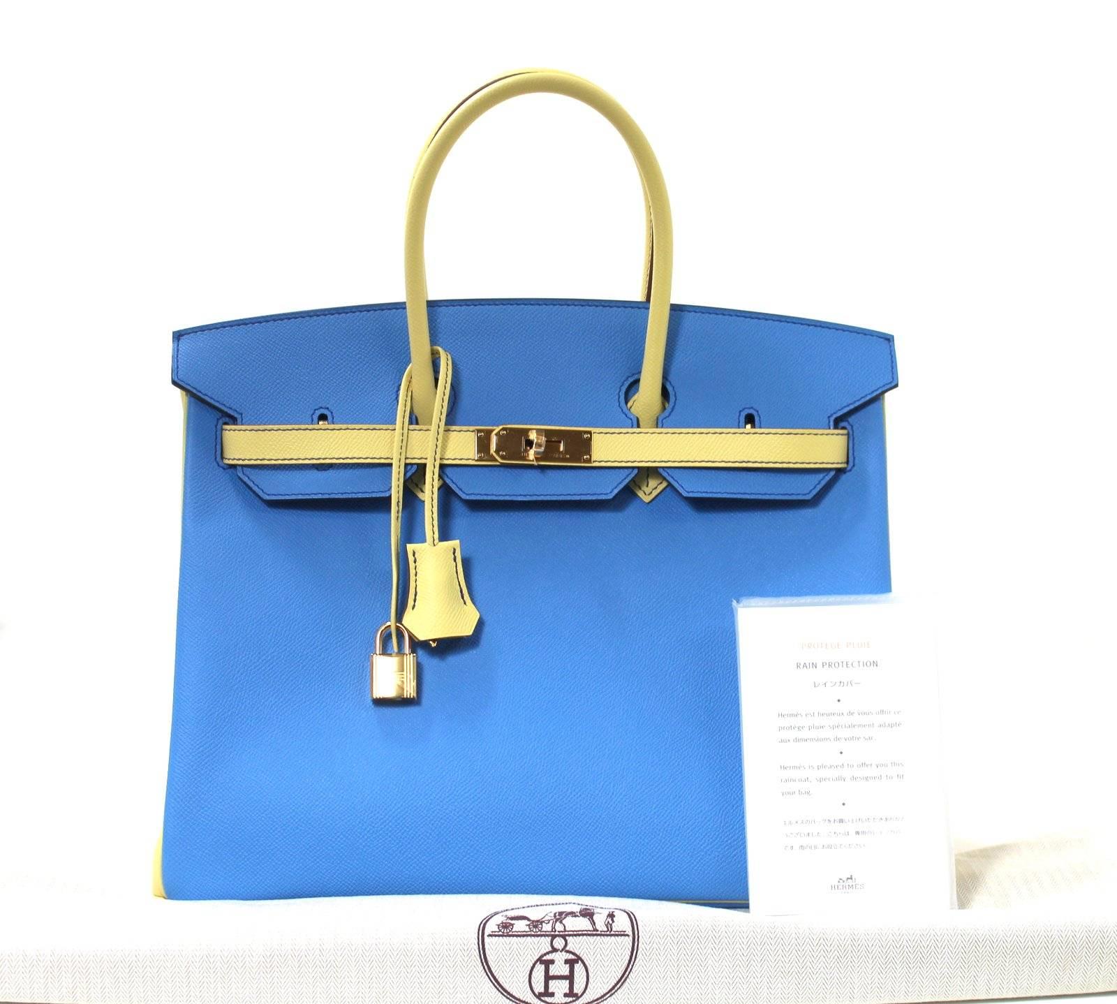 Hermès Bi Color 35 cm Birkin Bag- Blue Paradis with Jaune Canari Epsom Leather 6