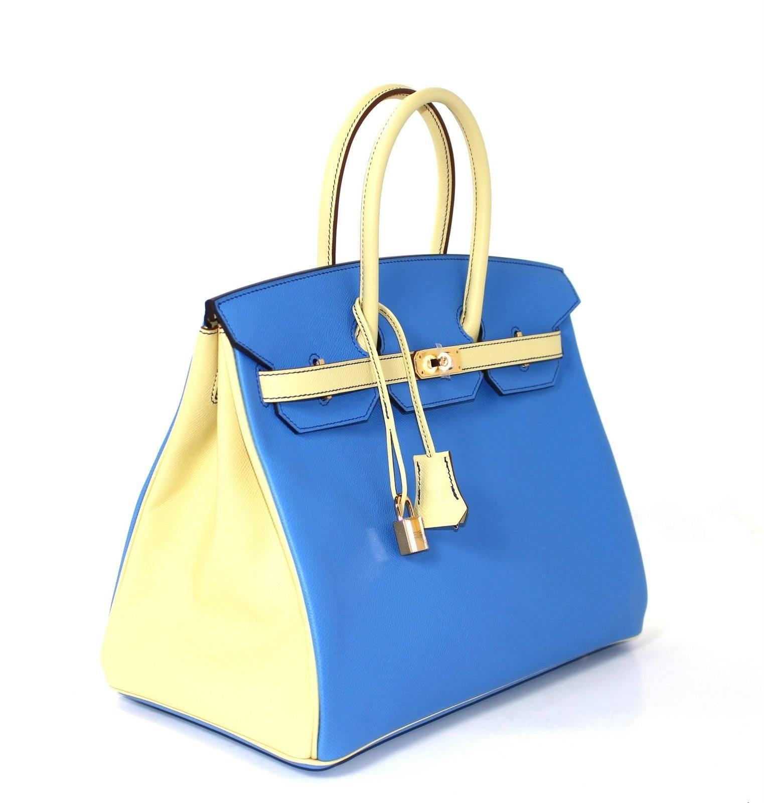 Pristine, store fresh condition (plastic on hardware) Hermès Birkin Bag in Bleu Paradis and Jaune Canari Epsom Leather with HYBRID hardware, 35 cm size T stamp
Crafted by hand and considered by many as the epitome of luxury items, Birkins are in