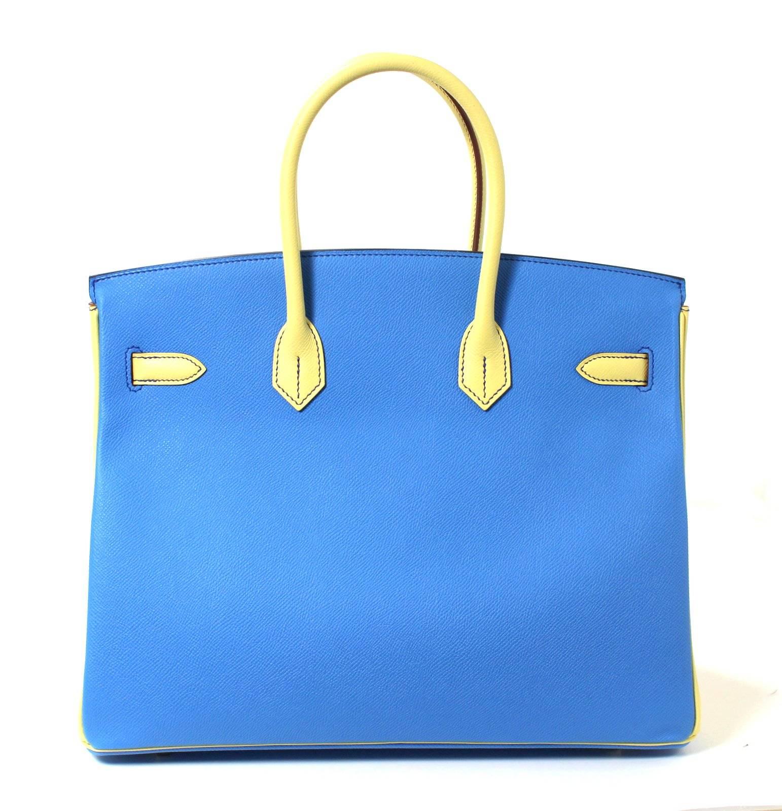 Hermès Bi Color 35 cm Birkin Bag- Blue Paradis with Jaune Canari Epsom Leather In New Condition In New York City & Hamptons, NY