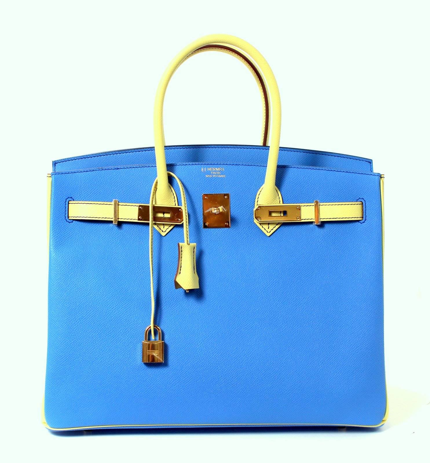 Hermès Bi Color 35 cm Birkin Bag- Blue Paradis with Jaune Canari Epsom Leather 3