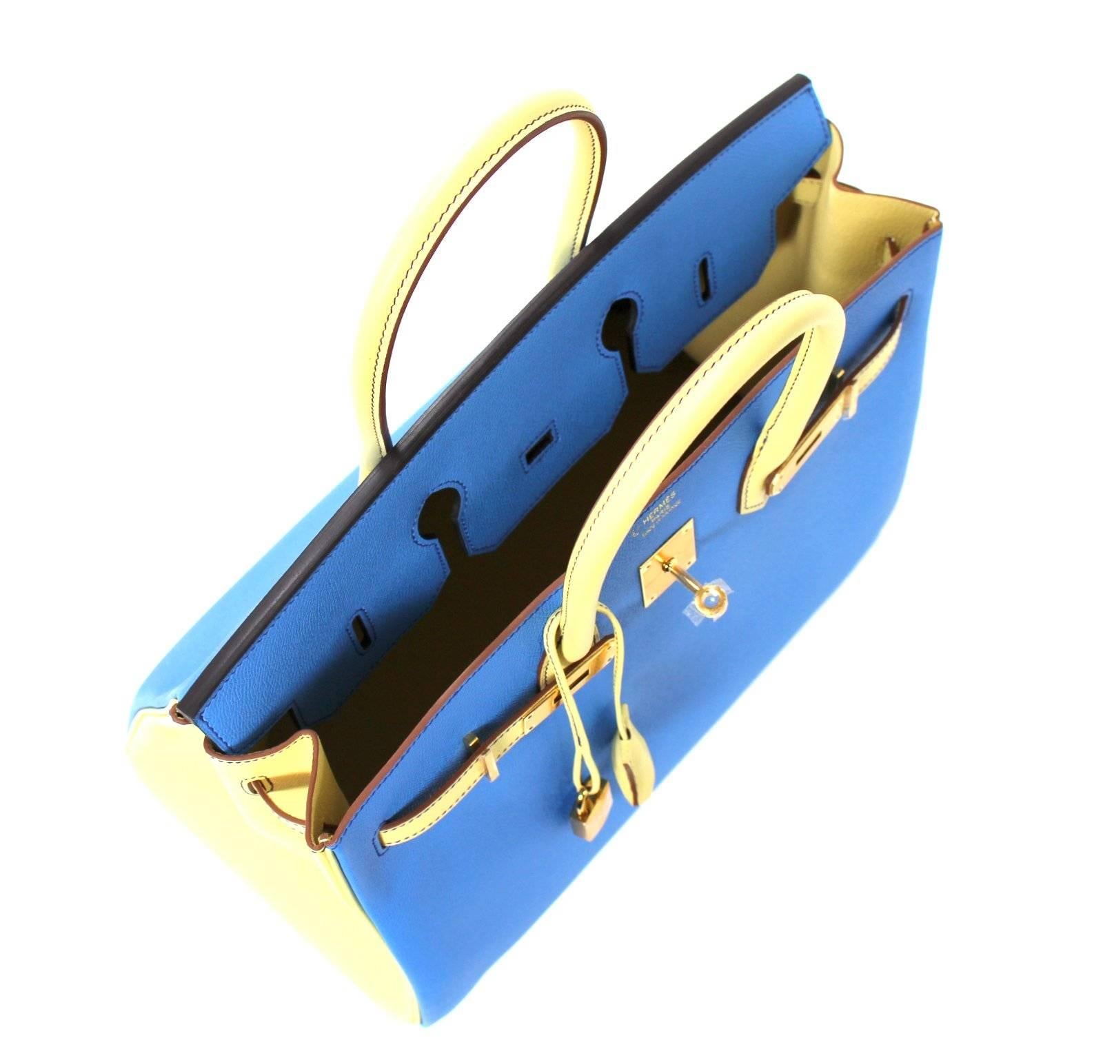 Hermès Bi Color 35 cm Birkin Bag- Blue Paradis with Jaune Canari Epsom Leather 4
