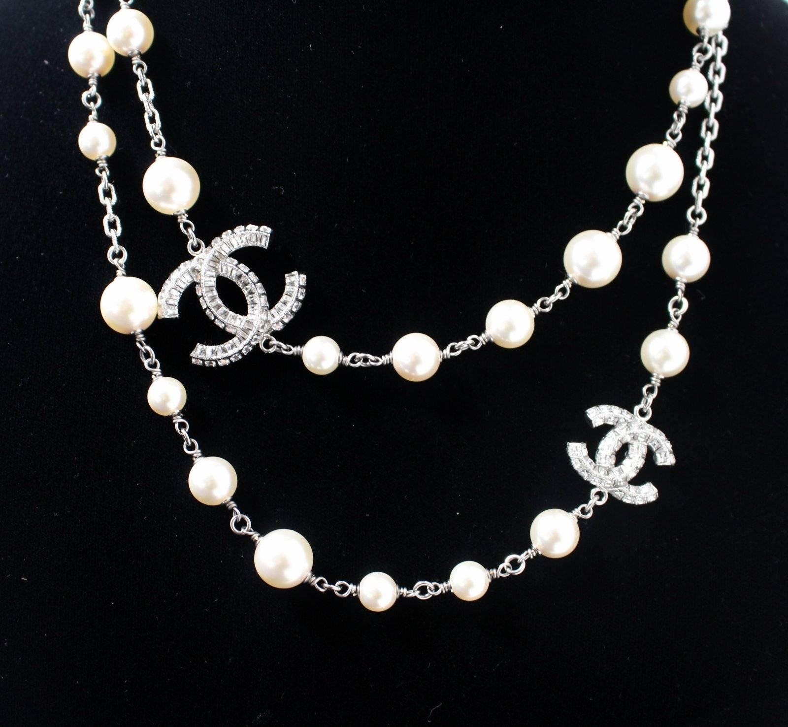 Romantic Chanel Pearl Long Necklace with Crystal CC