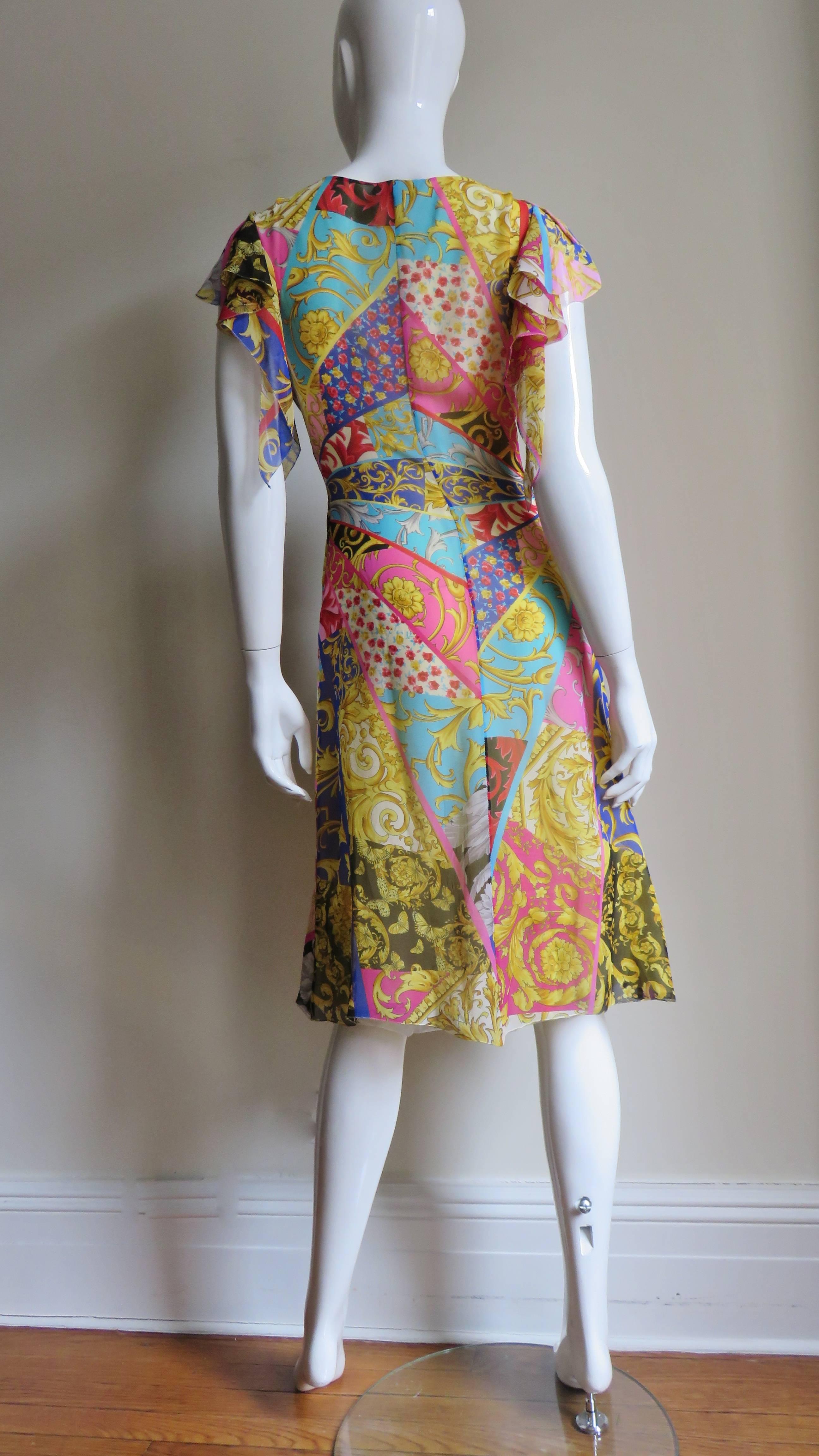 1990s Gianni Versace Silk Scarf Print Plunge Dress 6