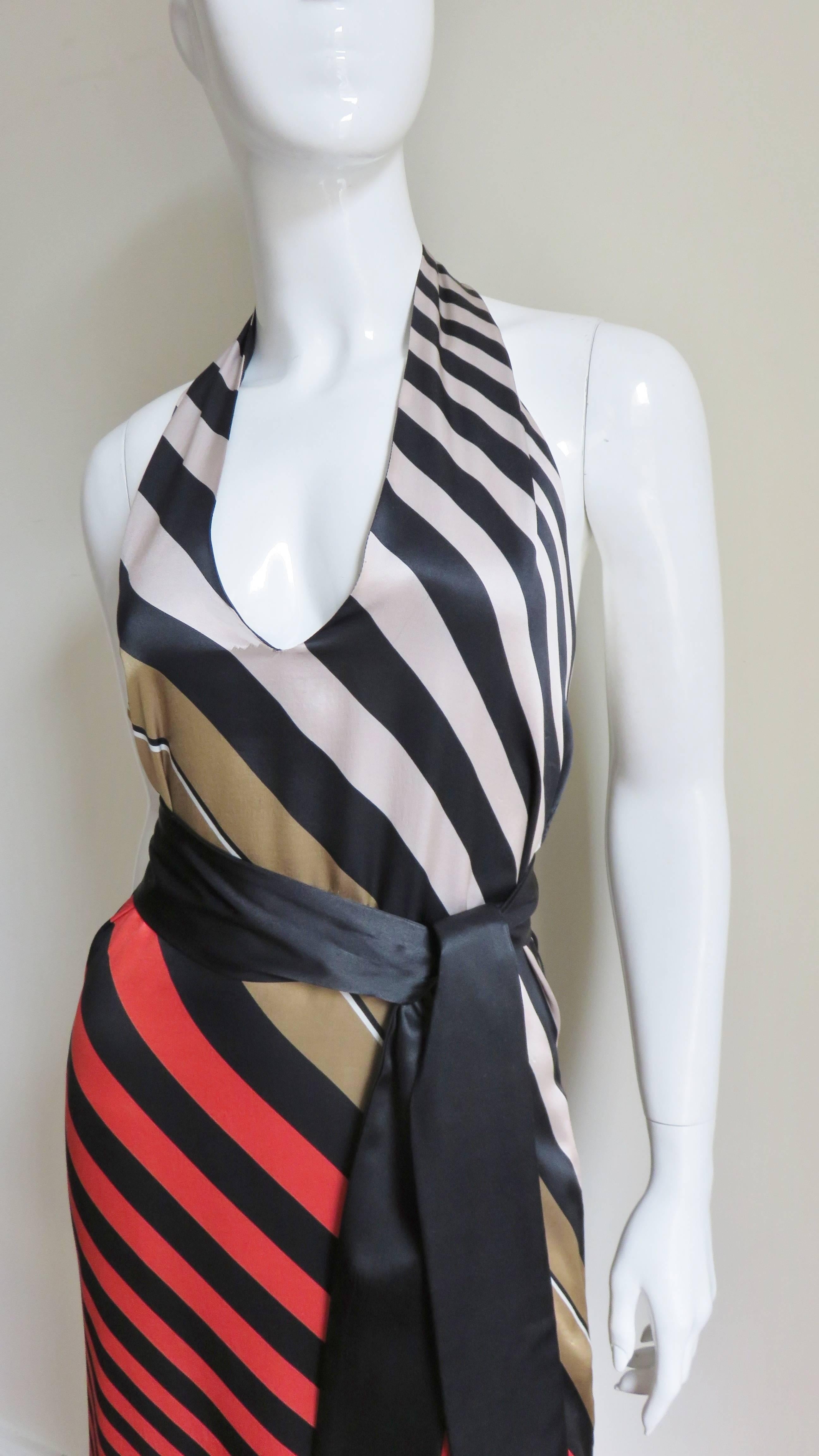 Fendi Striped Silk Plunge Halter Dress In Excellent Condition In Water Mill, NY