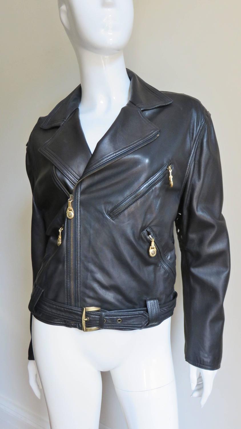 Vintage Gianni Versace Thatched Detail Leather Jacket For Sale at 1stdibs