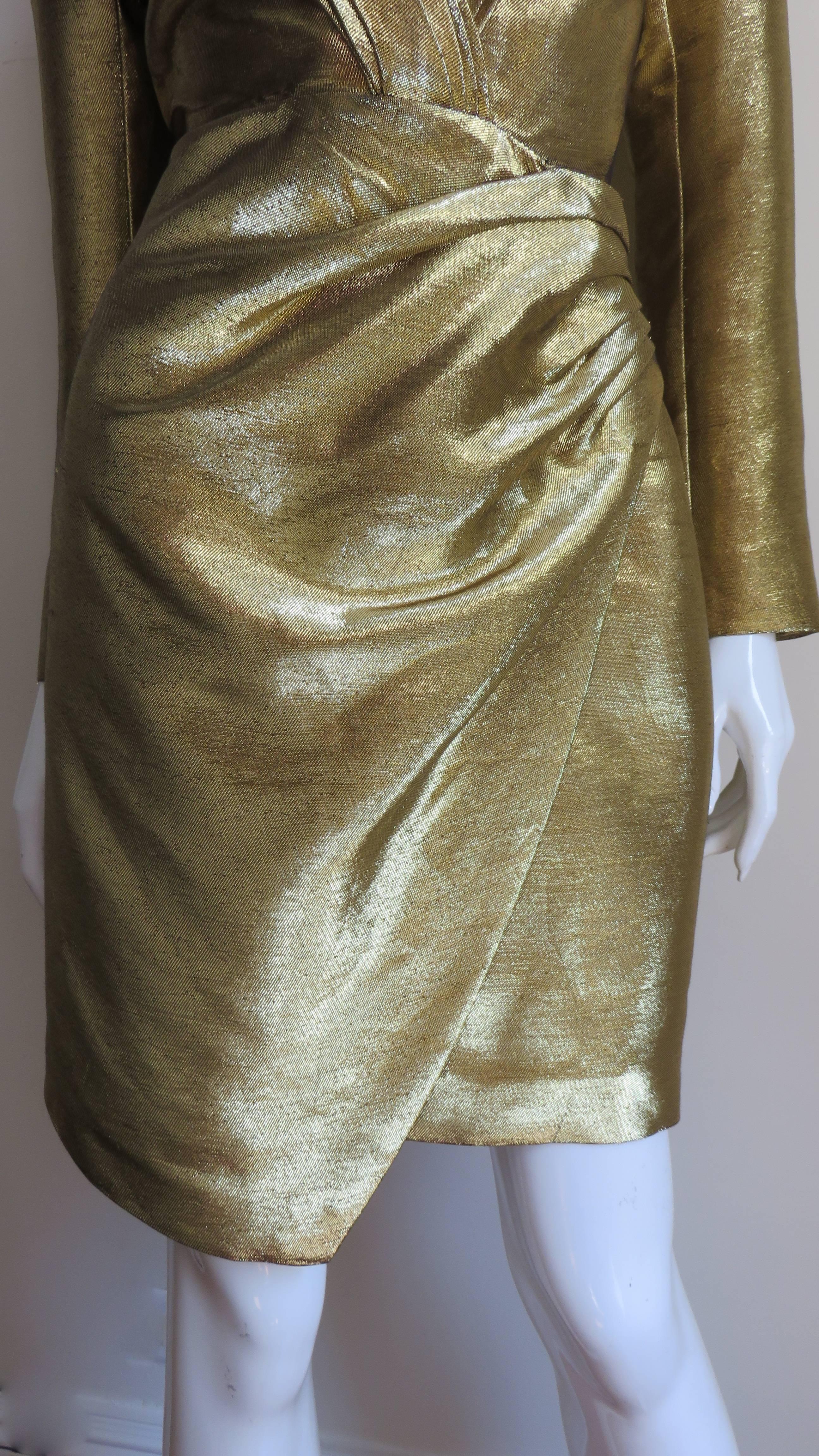Brown Saint Laurent Gold Plunge Wrap Dress