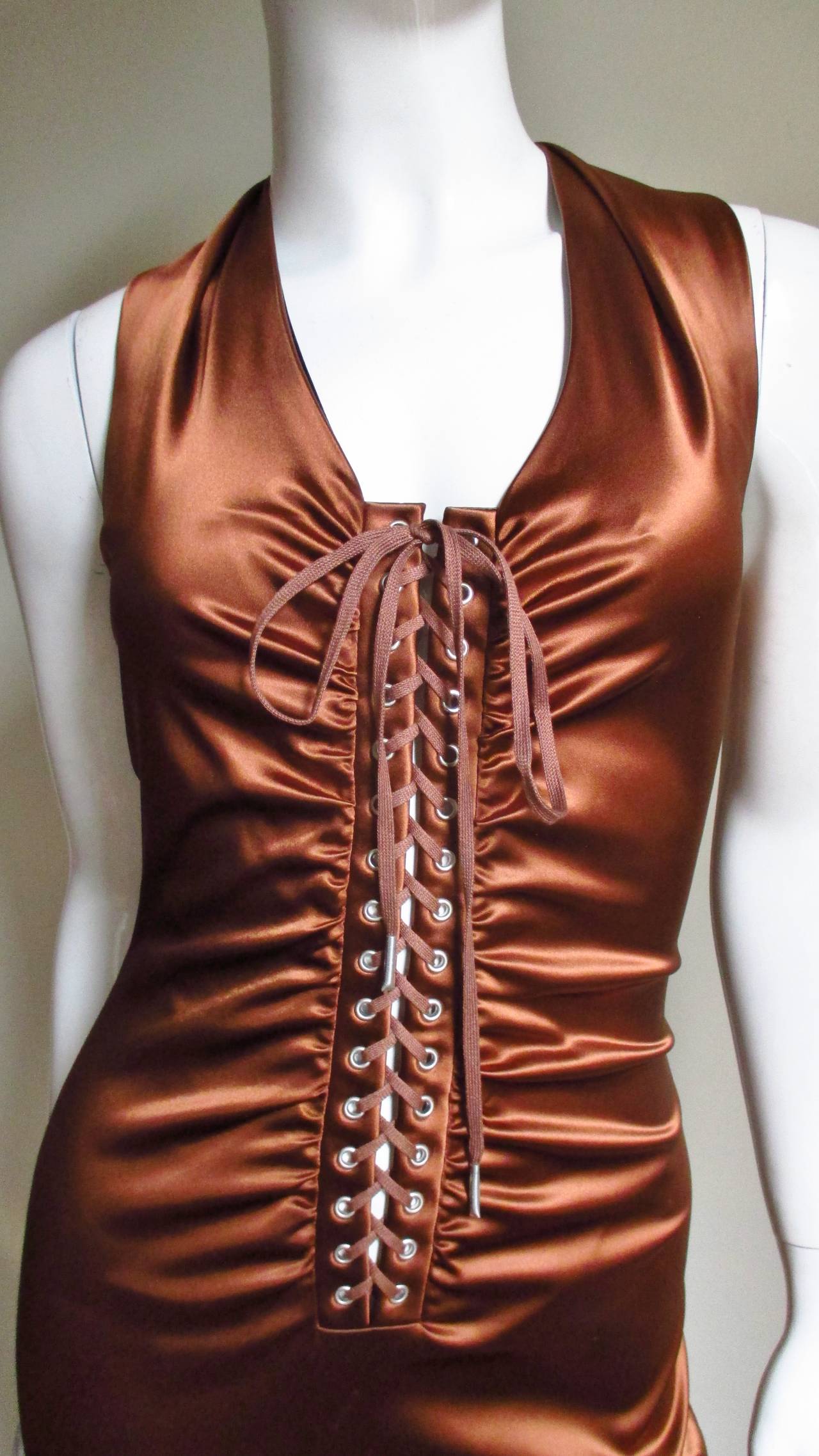 1990s Dolce & Gabbana Bronze Laceup Plunge Halter Dress 1