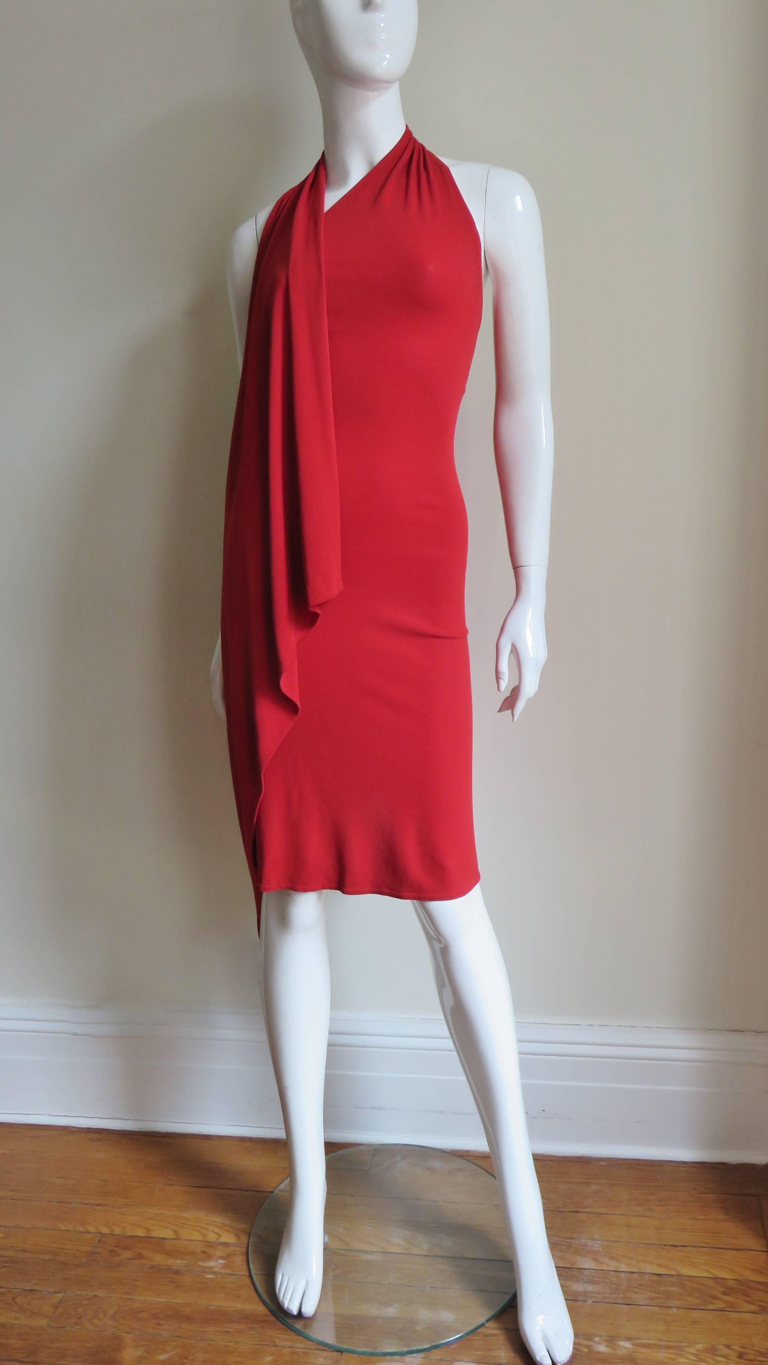 Red 1990s Donna Karan Draped Halter Dress