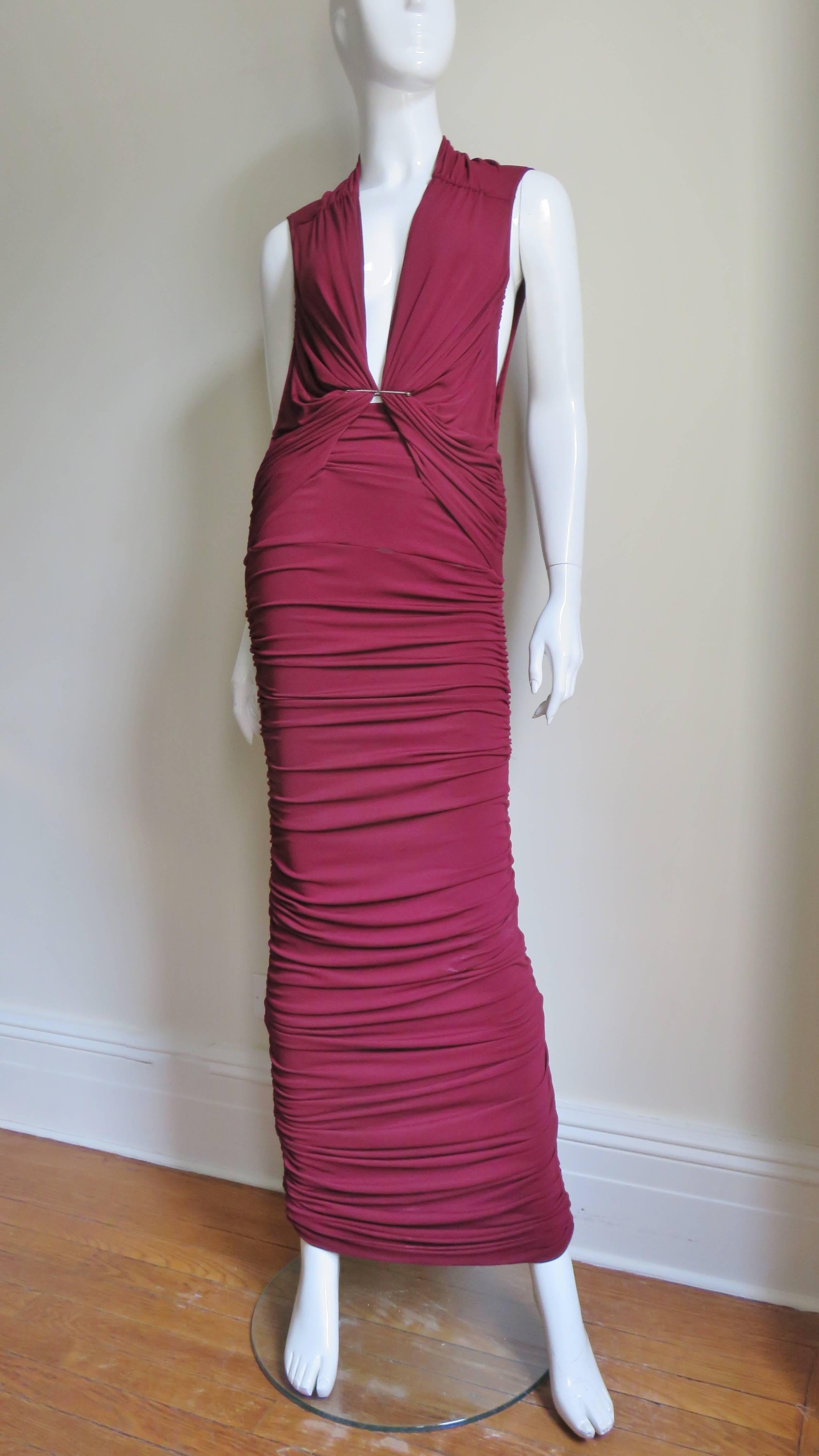 Lanvin 2014 Plunging Cutout Sides Ruched Dress with Safety Pin In Good Condition In Water Mill, NY