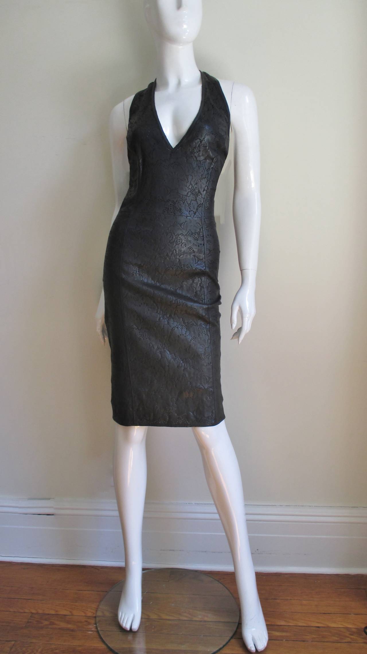 1990s Gianni Versace Laser Cut Leather Plunge Dress 2