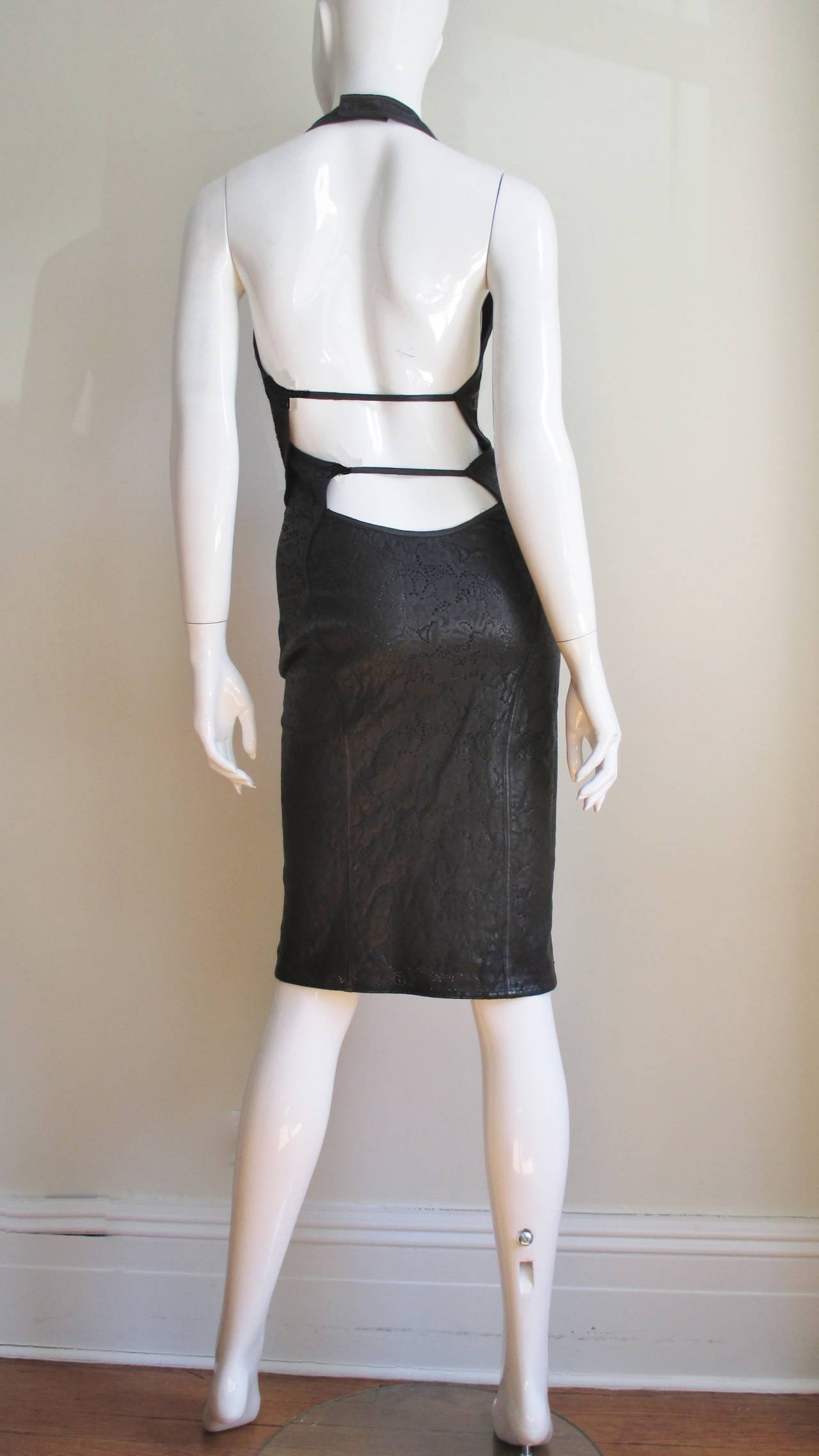 1990s Gianni Versace Laser Cut Leather Plunge Dress 7