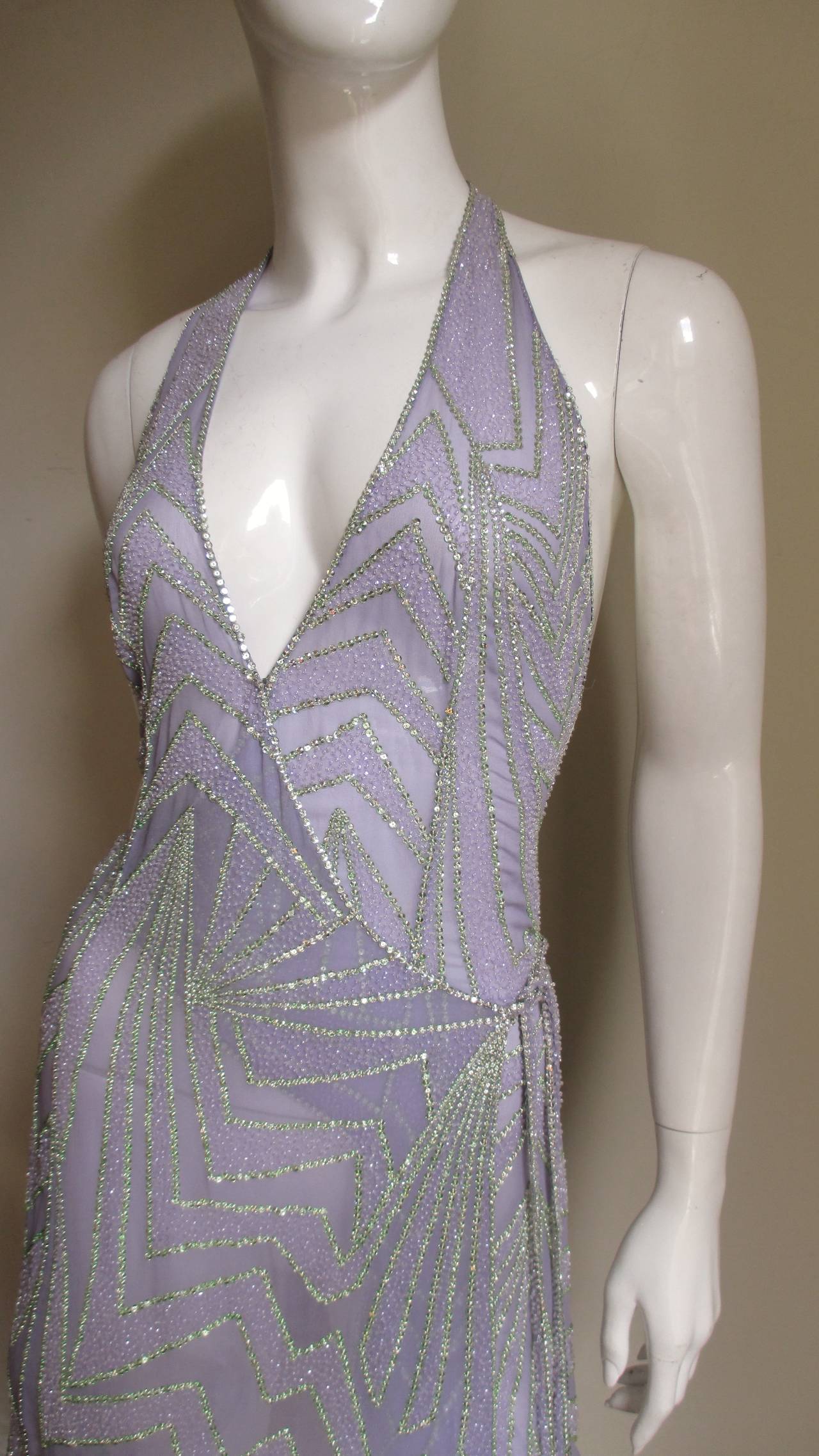 Gray Stunning Gianni Versace Silk Beaded Plunge Wrap Halter Dress