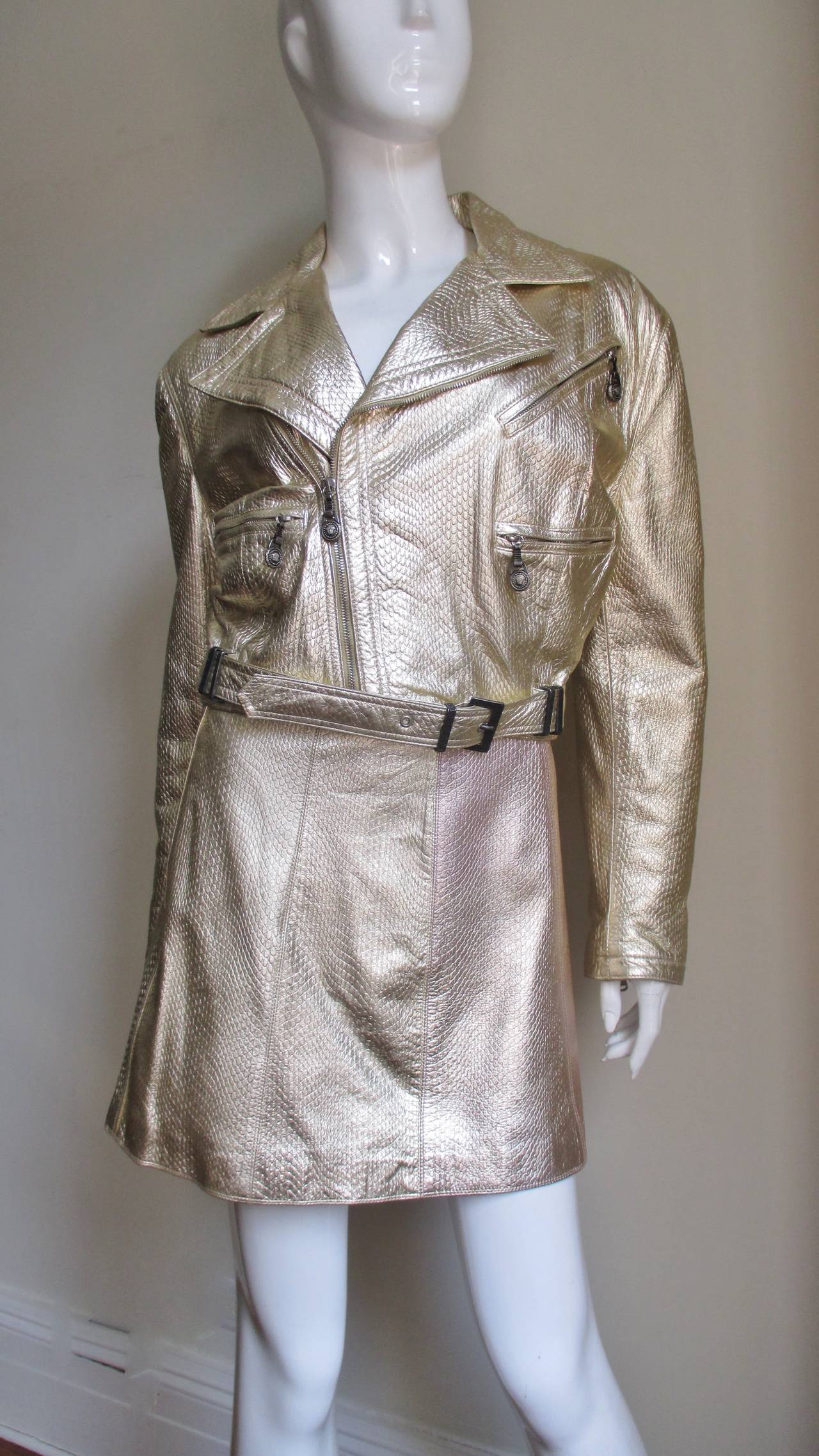 1990s Gianni Versace Gold Leather Motorcylce Jacket & Skirt 1