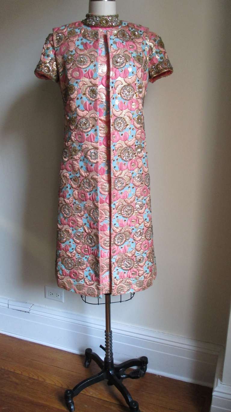 1960's Mr Blackwell Intricately Beaded Sik Brocade Dress & Coat In Excellent Condition In Water Mill, NY