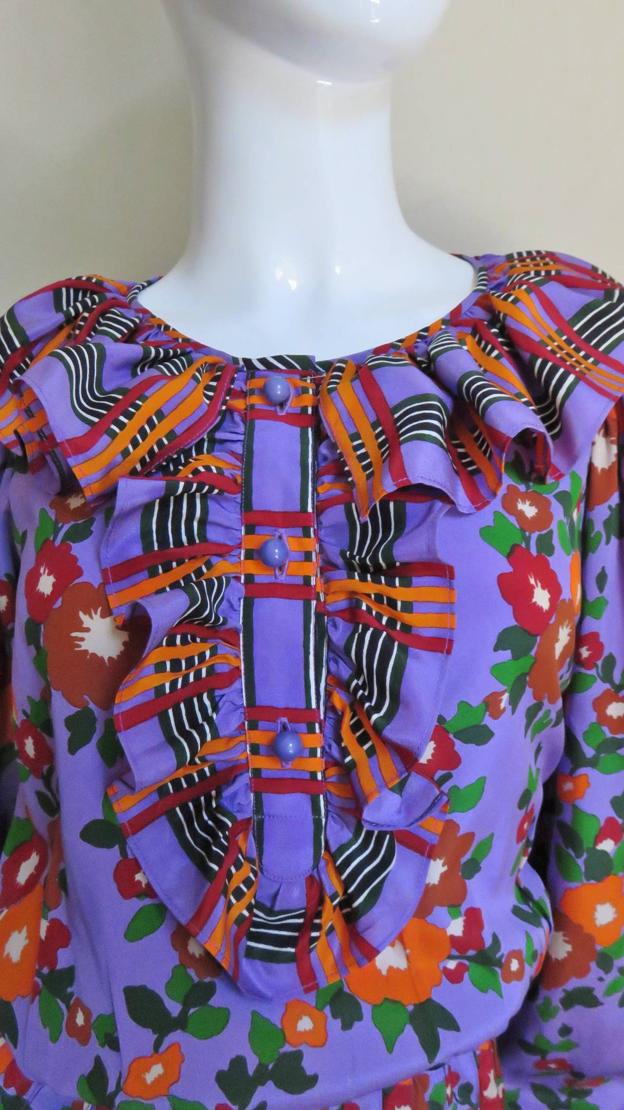 1970's St Laurent Flower Silk Dress In Excellent Condition In Water Mill, NY