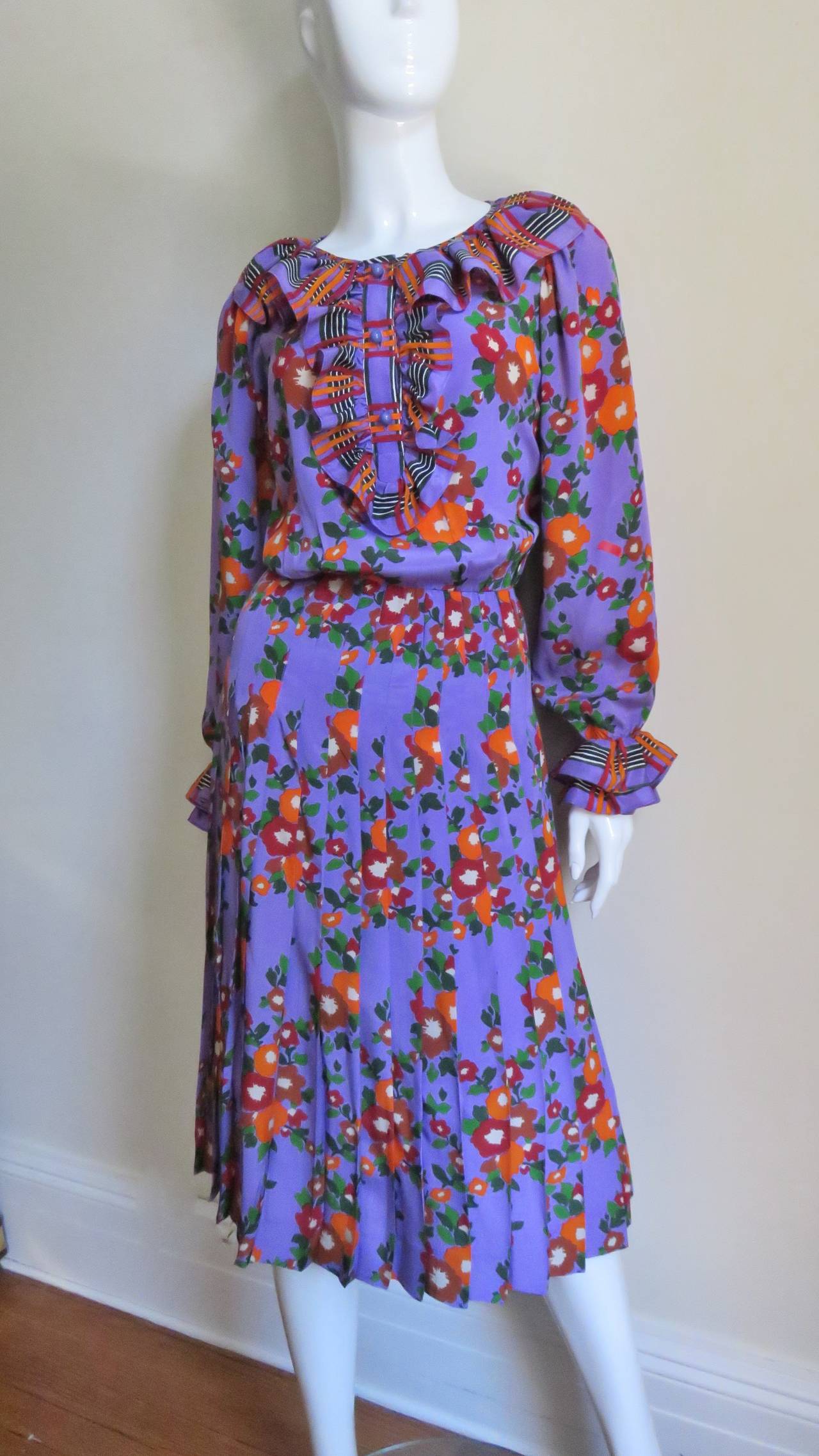 1970's St Laurent Flower Silk Dress 1