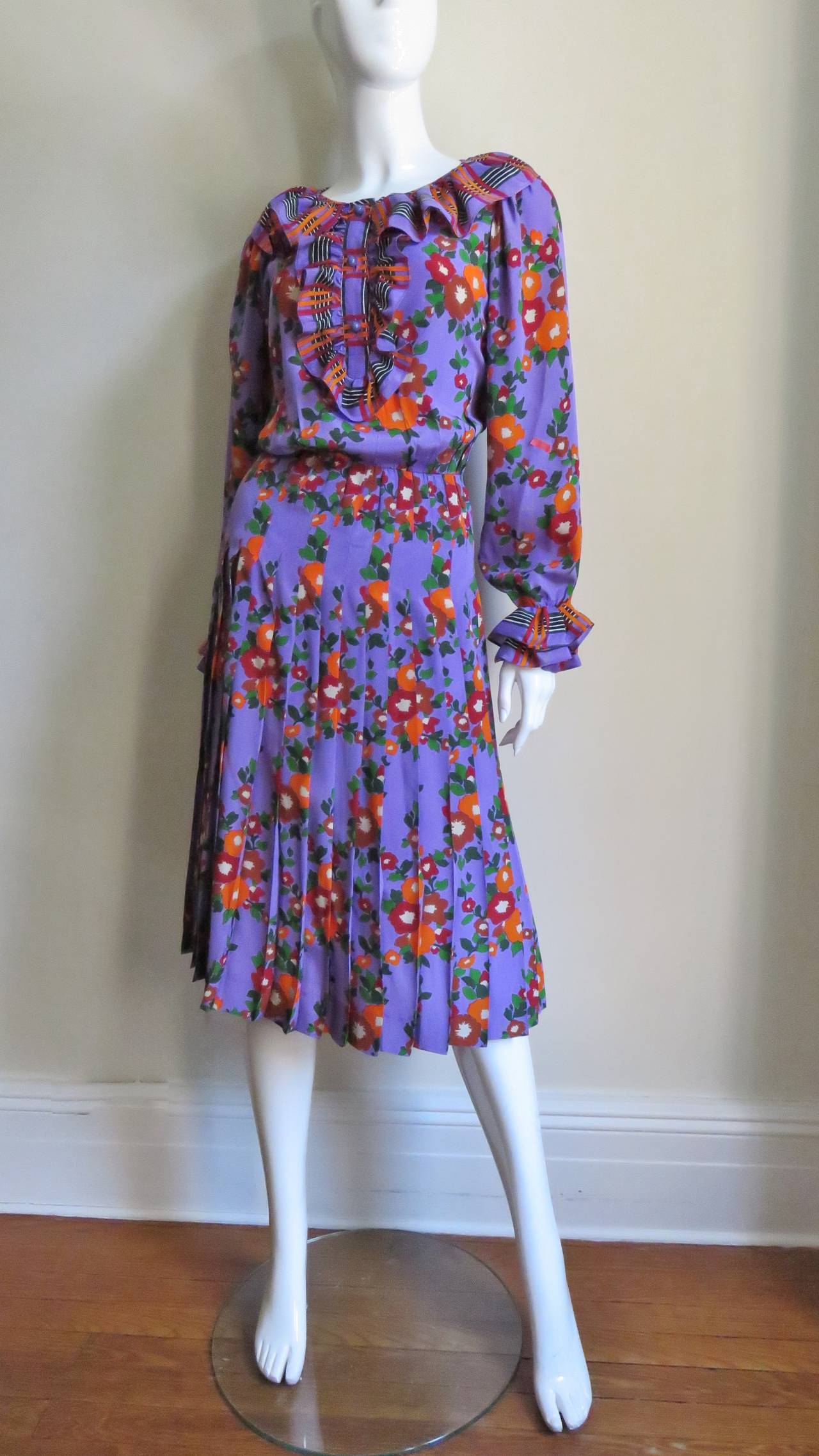 1970's St Laurent Flower Silk Dress 2