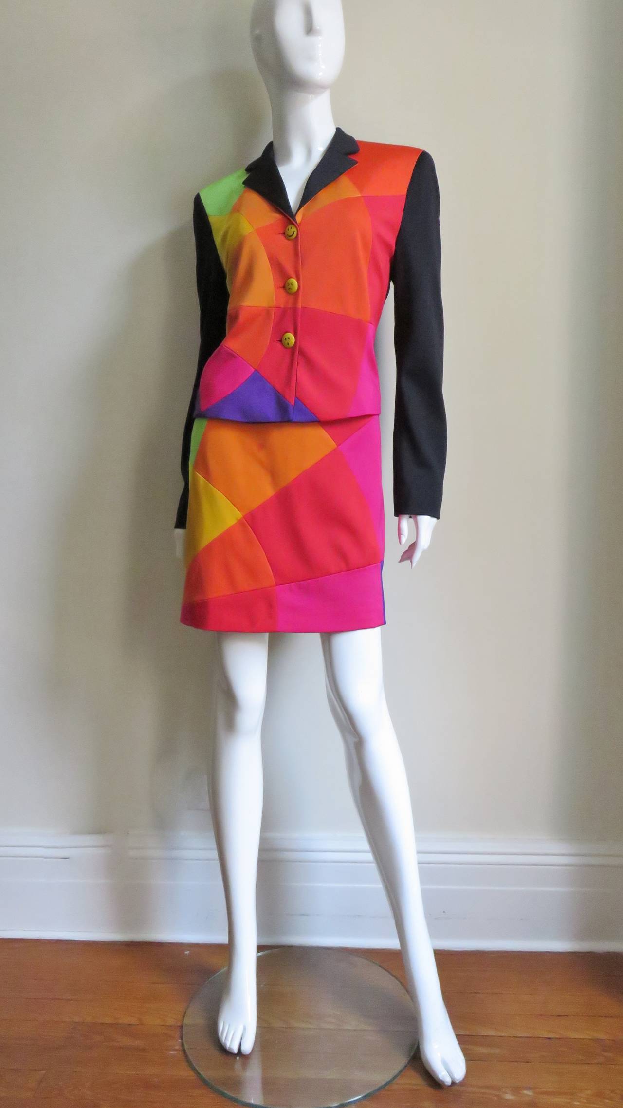 Women's Moschino Color Block Skirt Suit with Emoji Buttons For Sale