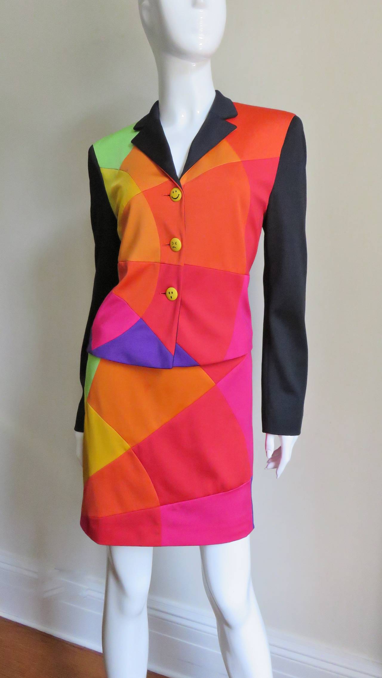 Moschino Color Block Skirt Suit with Emoji Buttons In Good Condition For Sale In Water Mill, NY