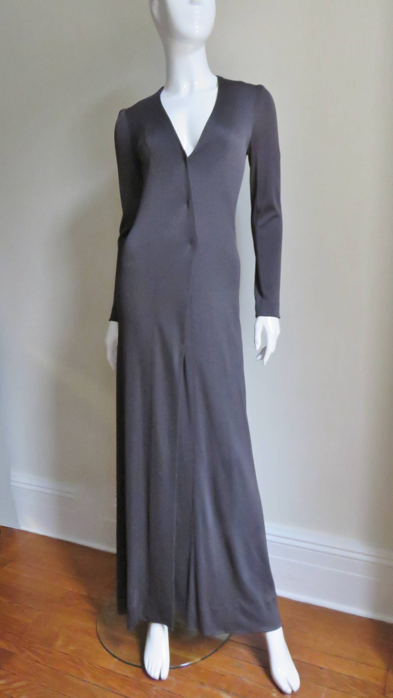 1970's Elegant Grey Halston Plunge Shirtwaist Maxi Dress 2
