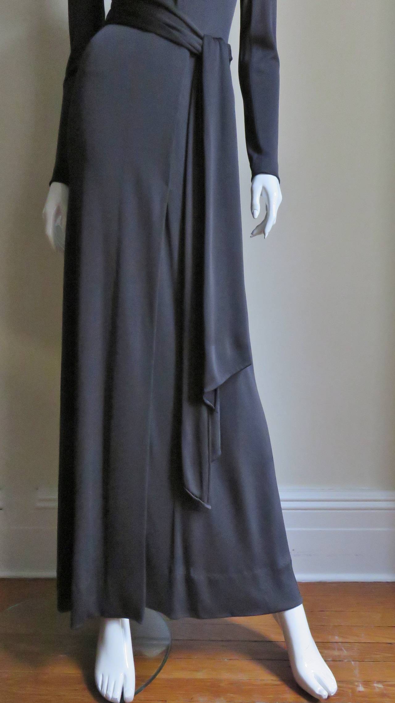 1970's Elegant Grey Halston Plunge Shirtwaist Maxi Dress 1