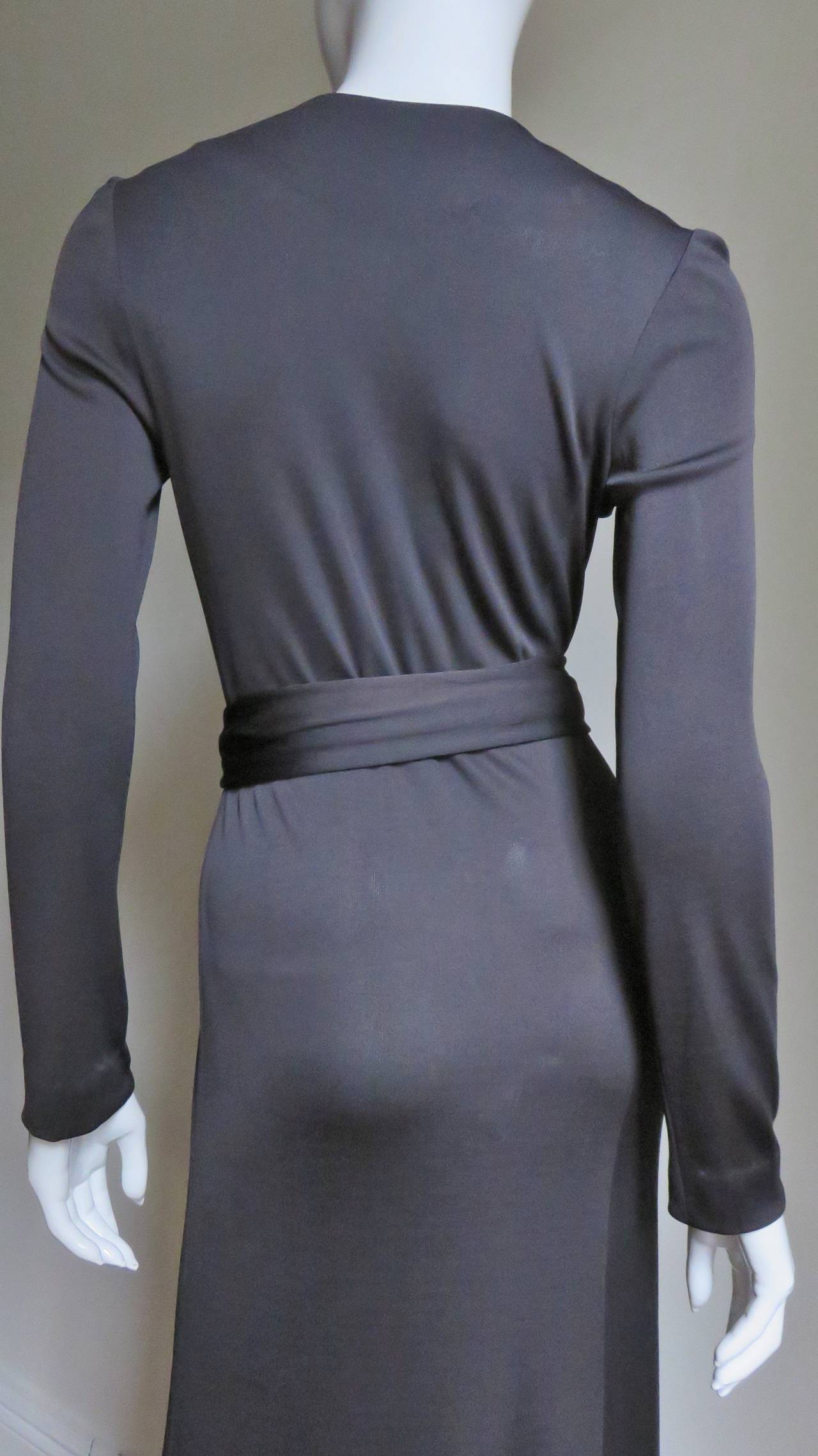 1970's Elegant Grey Halston Plunge Shirtwaist Maxi Dress at 1stDibs
