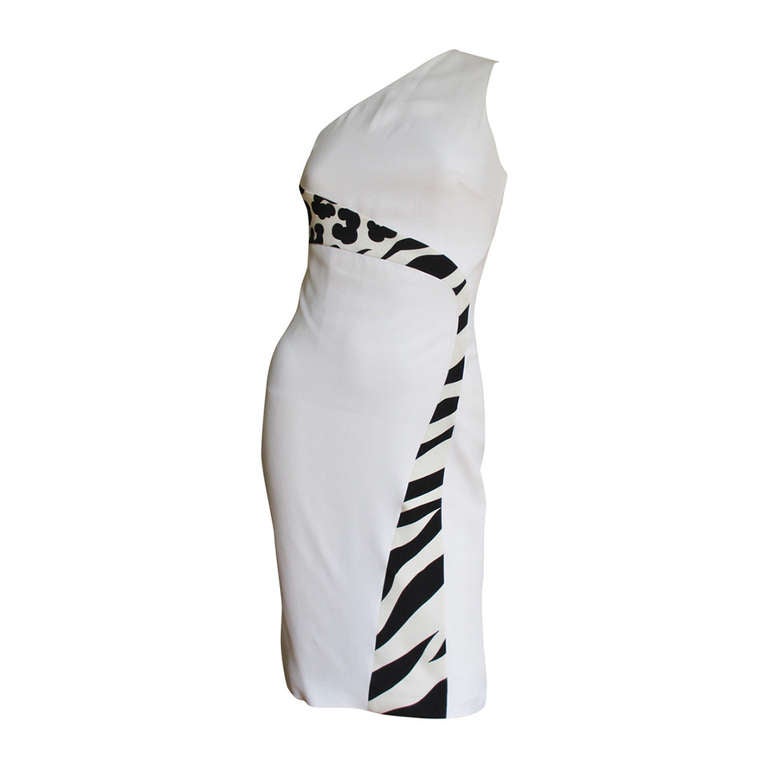 Versace Animal Print Trim One Shoulder Dress For Sale at 1stdibs