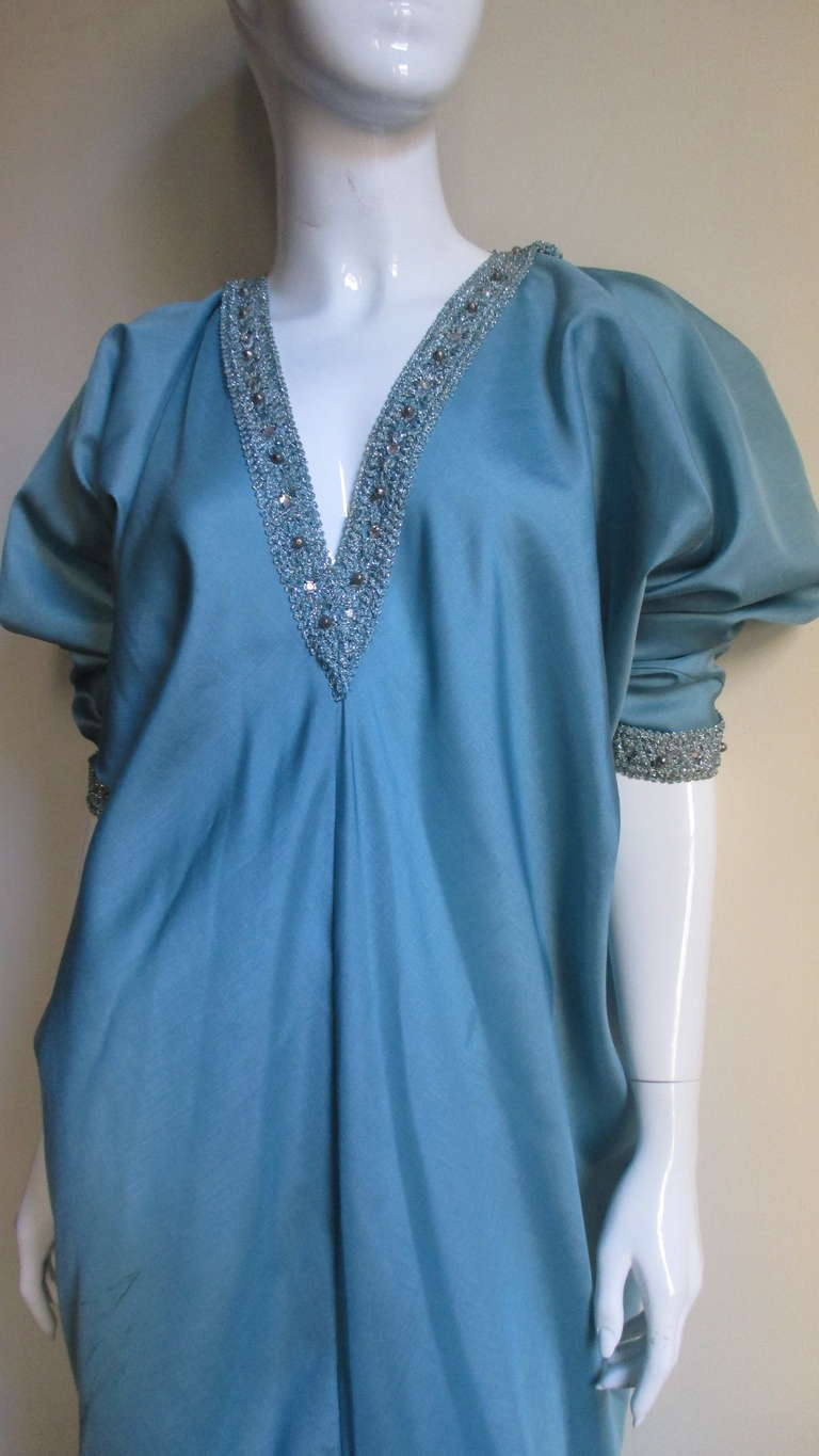 Vintage Halston Silk Caftan With Beaded Trim In New Condition In Water Mill, NY