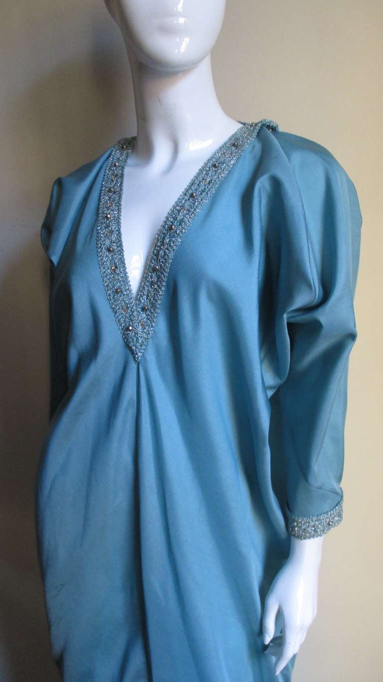 Vintage Halston Silk Caftan With Beaded Trim In New Condition In Water Mill, NY