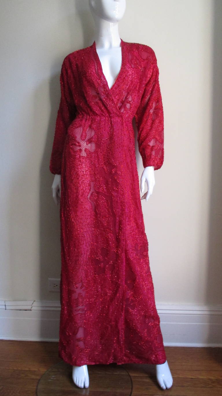 Halston Beaded 1970's Wrap Plunge Gown 3