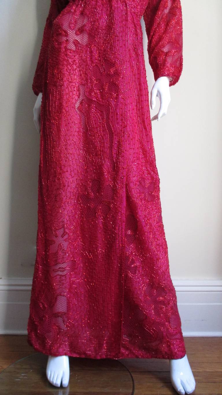 Red Halston Beaded 1970's Wrap Plunge Gown