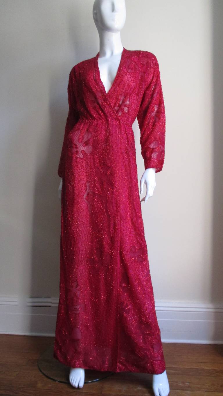 Halston Beaded 1970's Wrap Plunge Gown In Excellent Condition In Water Mill, NY