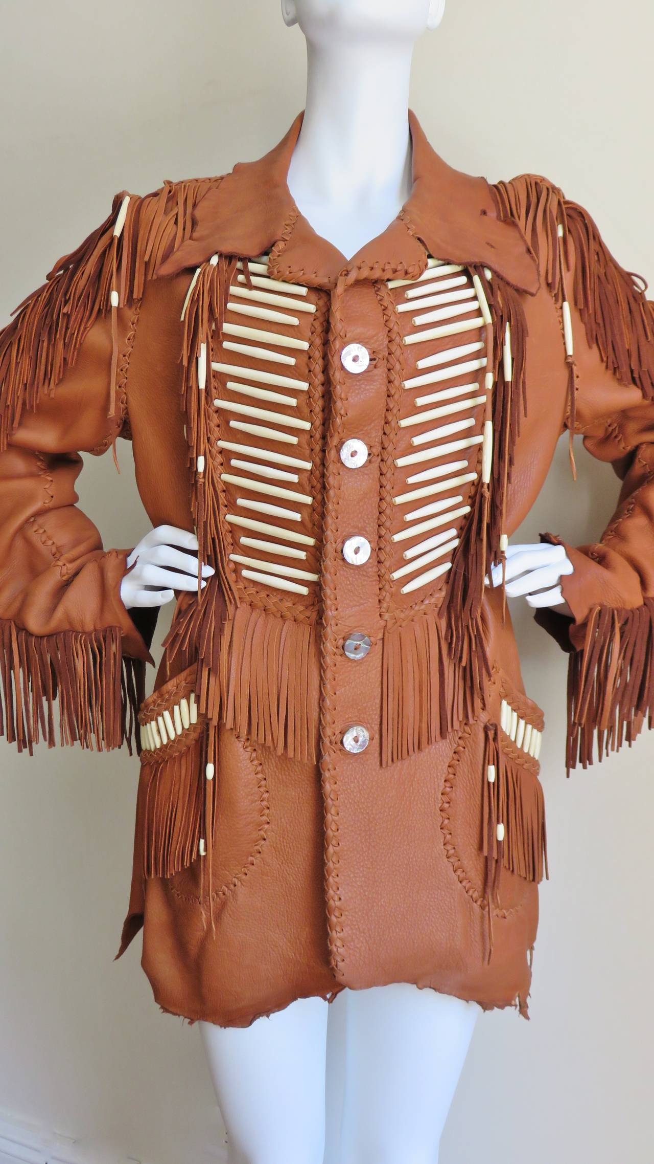 1970s Hand Made Leather Fringe Mahopa Jacket In Excellent Condition In Water Mill, NY