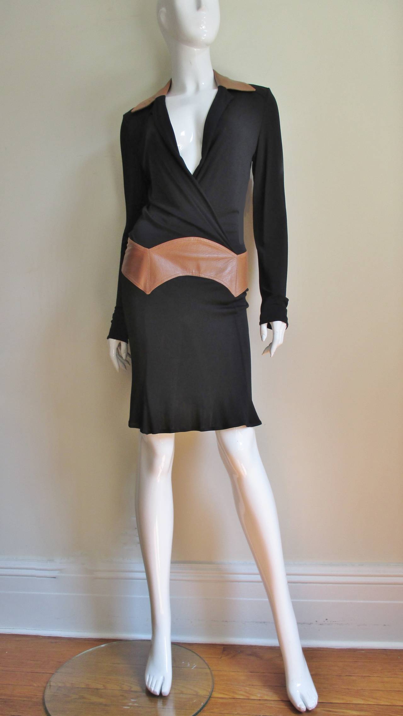  Gianni Versace Couture Color Block Dress with Leather Trim  For Sale 3