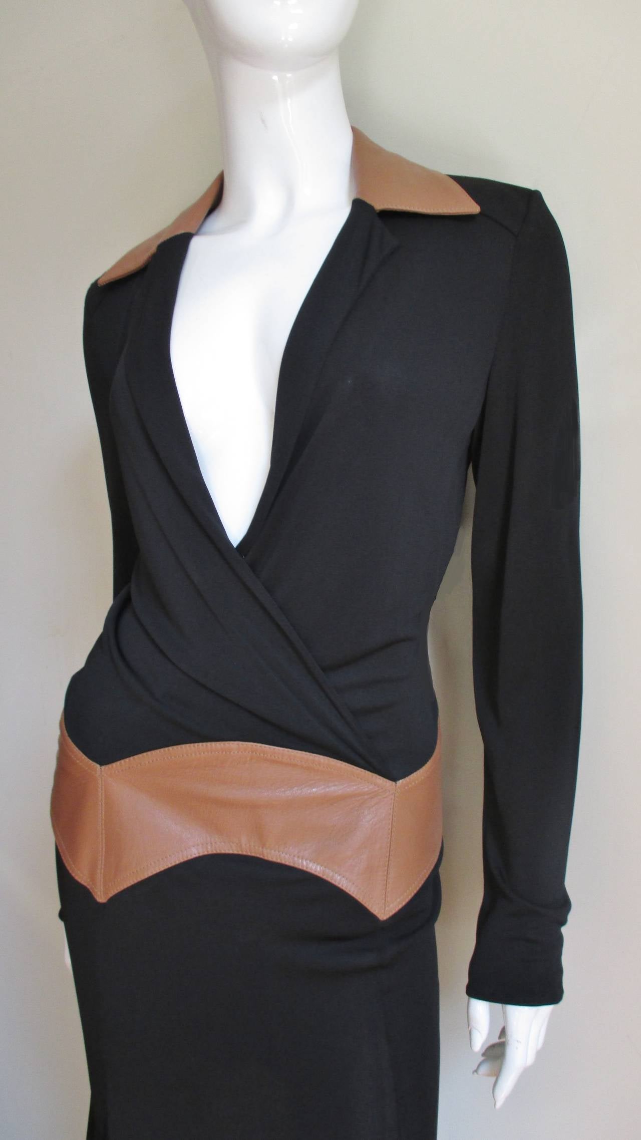 Black  Gianni Versace Couture Color Block Dress with Leather Trim  For Sale