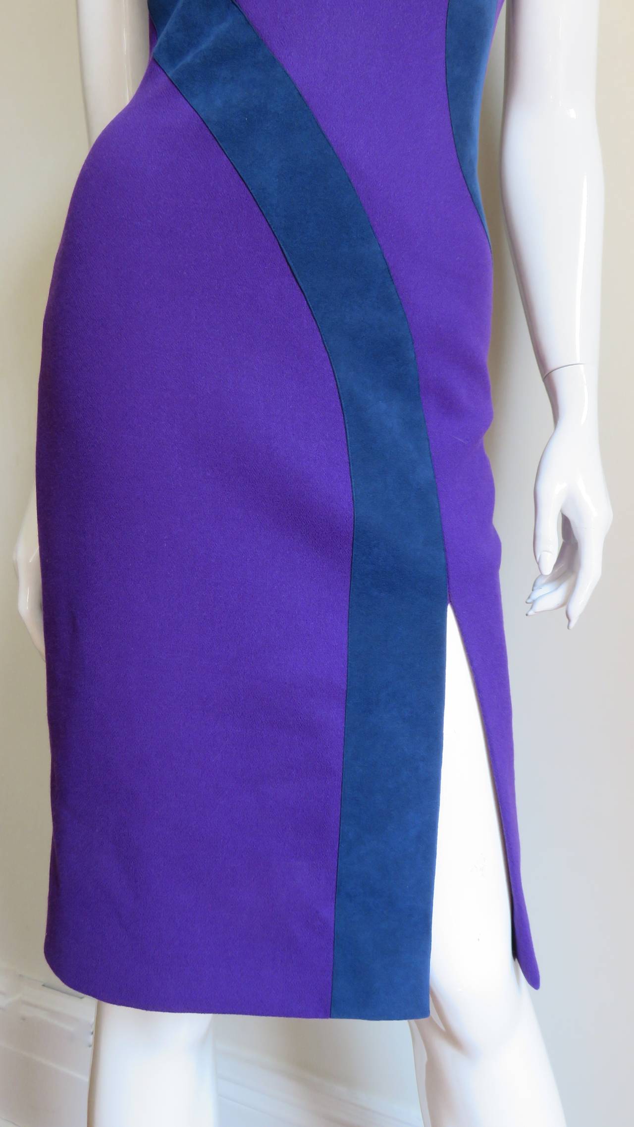 Women's Versace Bodycon Purple Dress With Blue Suede Insert