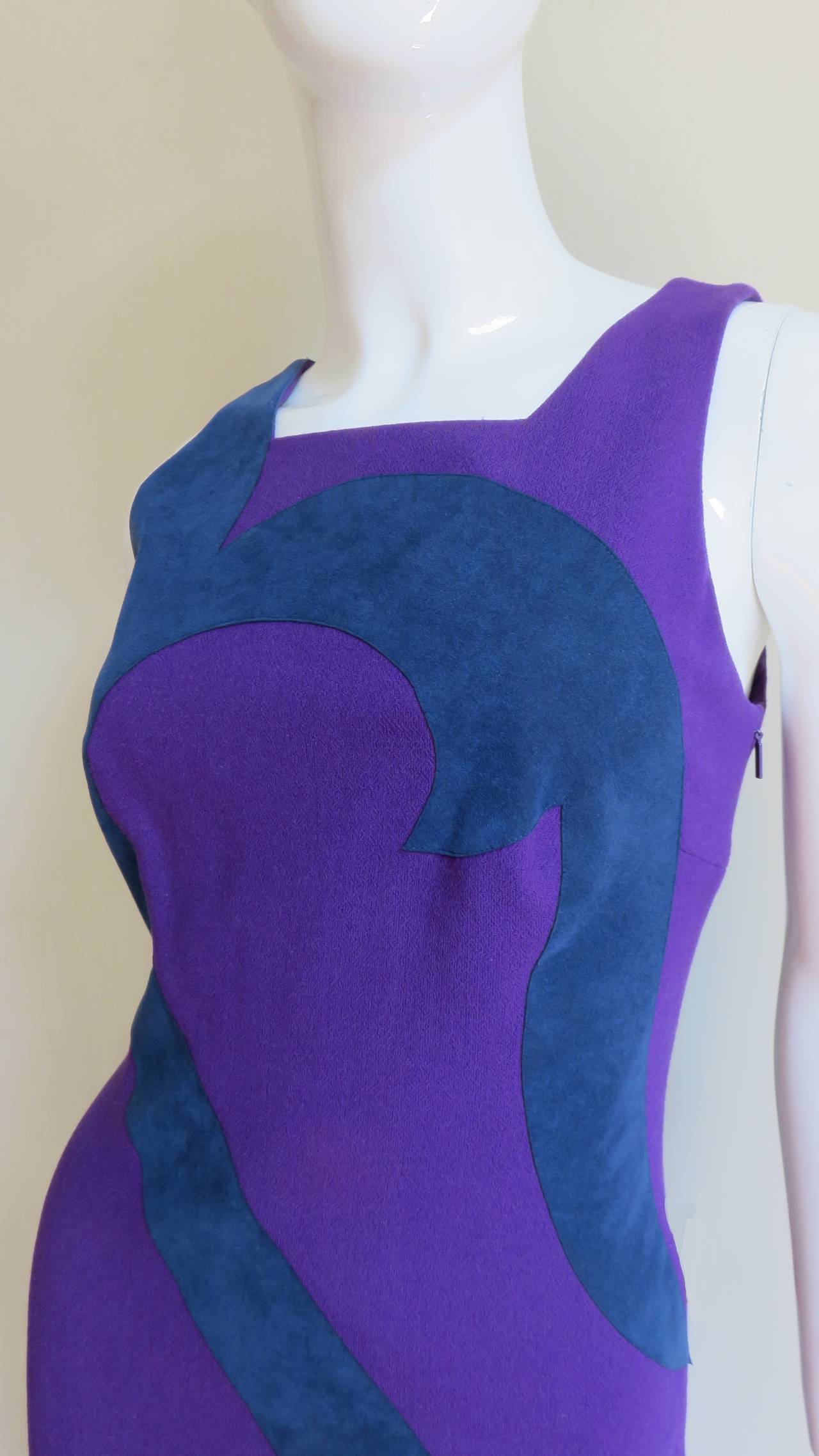 Versace Bodycon Purple Dress With Blue Suede Insert In New Condition In Water Mill, NY