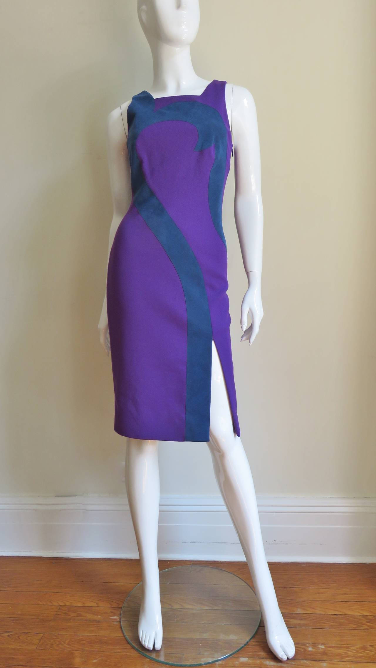 Versace Bodycon Purple Dress With Blue Suede Insert 1