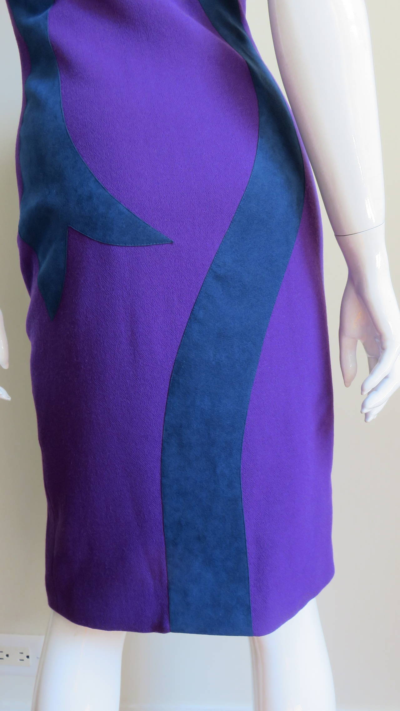 Versace Bodycon Purple Dress With Blue Suede Insert 4