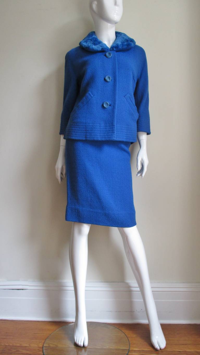 1950s Blue Skirt Suit with Blue Fur Collar In Good Condition In Water Mill, NY