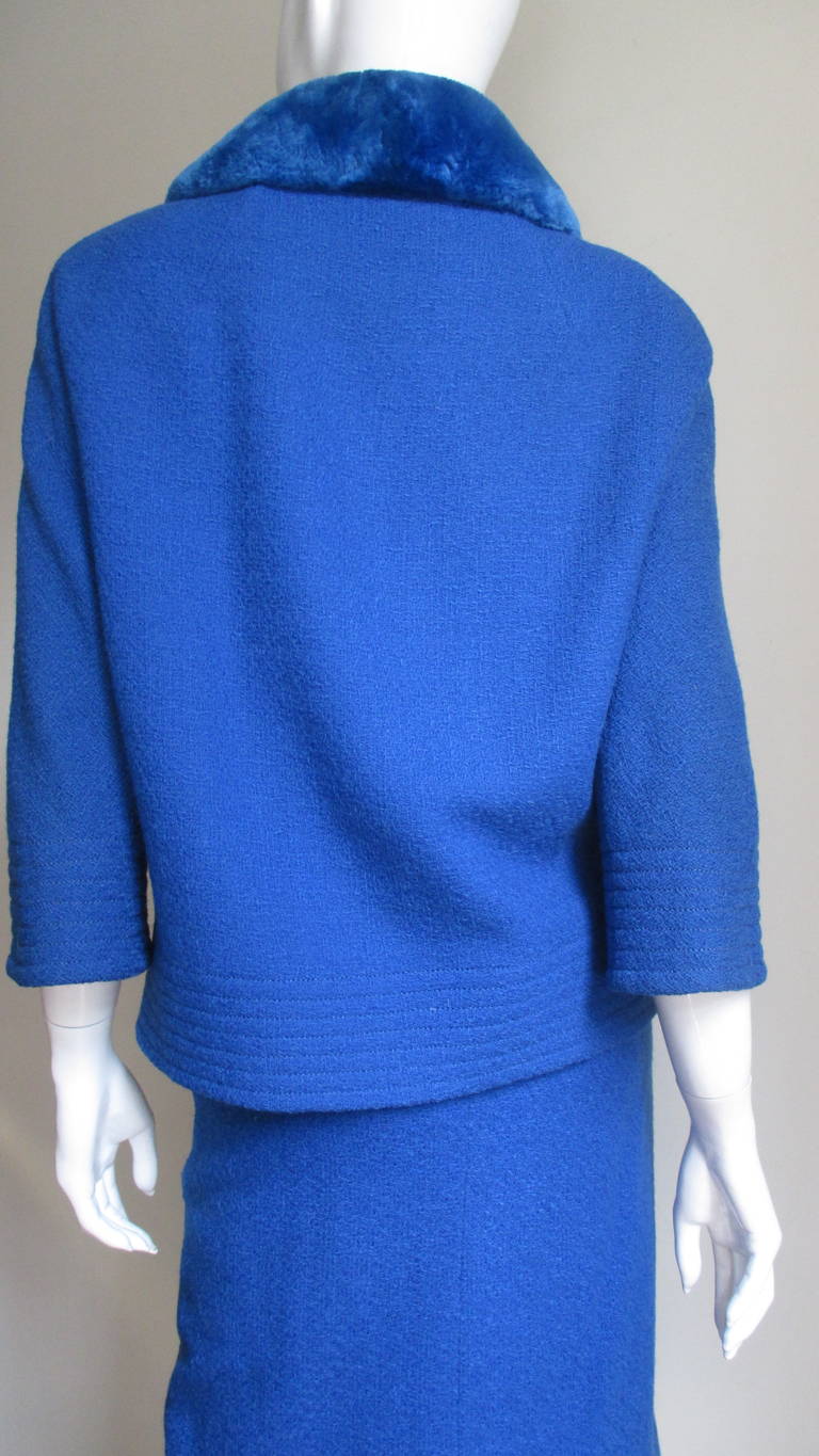 1950s Blue Skirt Suit with Blue Fur Collar 1