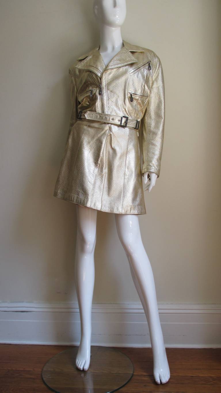 Women's 1990s Gianni Versace Gold Leather Motorcylce Jacket & Skirt