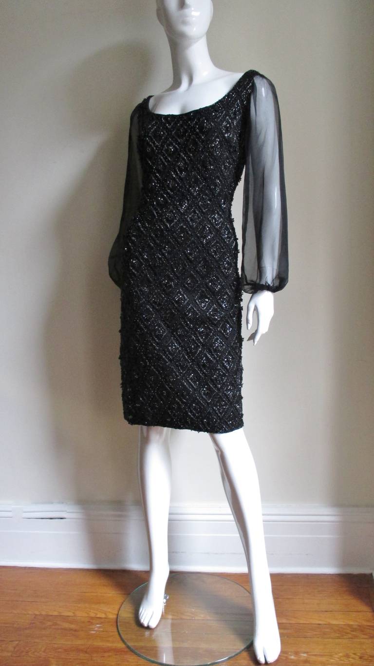 Black 1960's Heavily Beaded Balloon Sleeve Dress