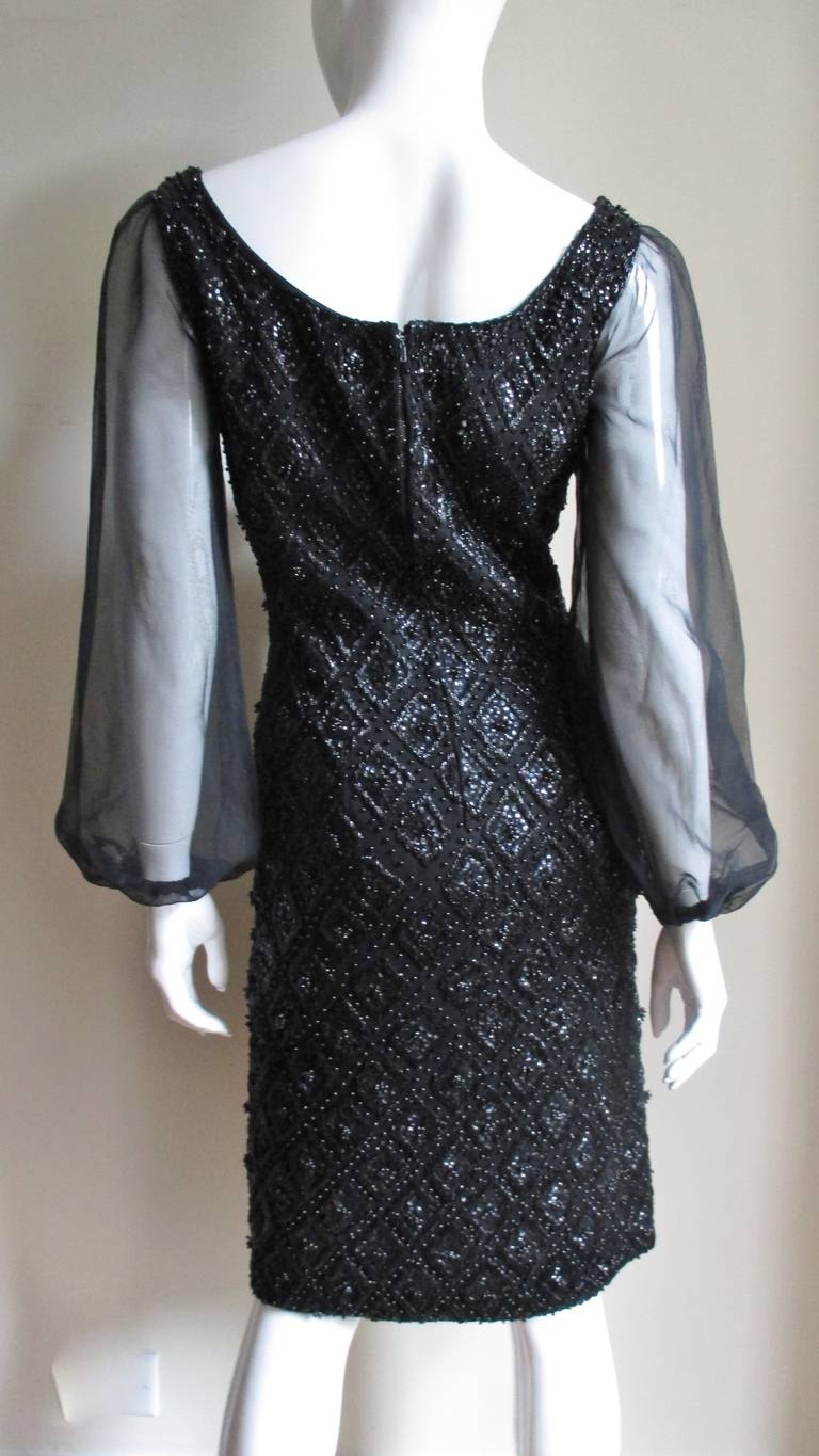 1960's Heavily Beaded Balloon Sleeve Dress In Excellent Condition In Water Mill, NY